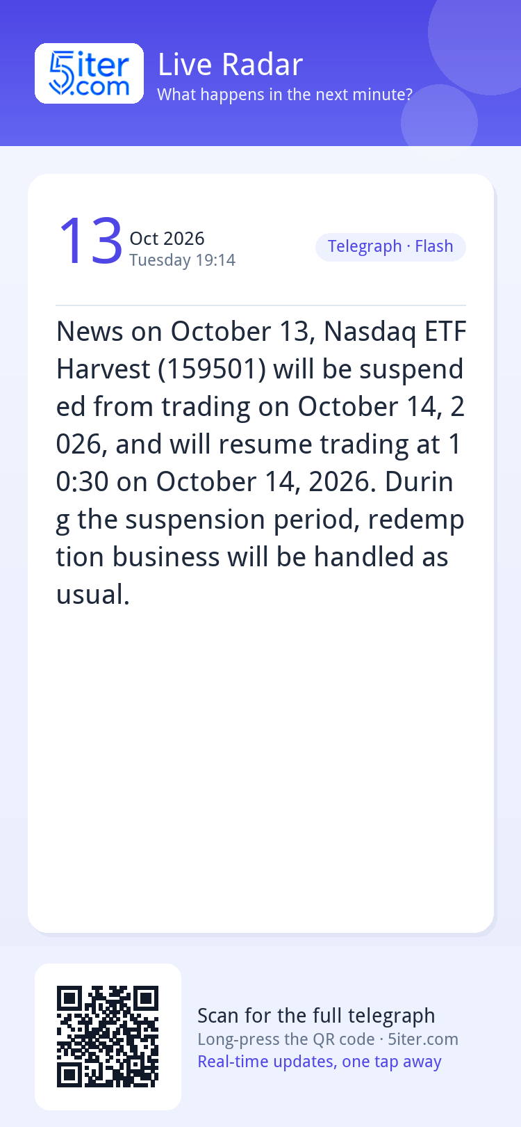 News on October 13, Nasdaq ETF Harvest (159501) will be susp