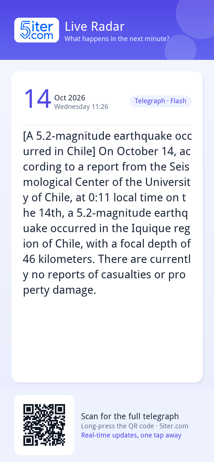 [A 5.2-magnitude earthquake occurred in Chile] On October 14
