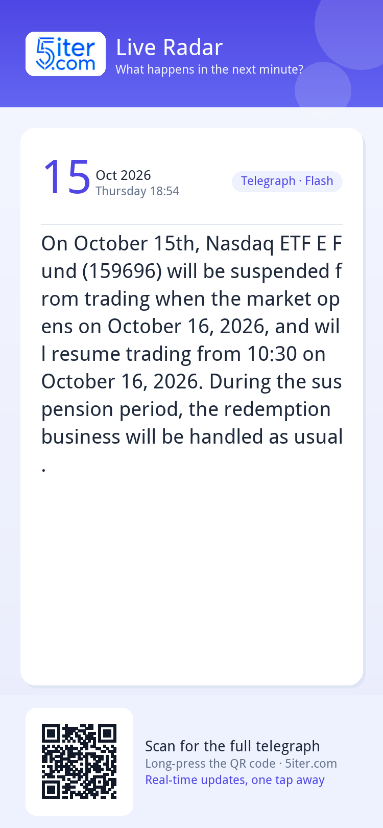 On October 15th, Nasdaq ETF E Fund (159696) will be suspende