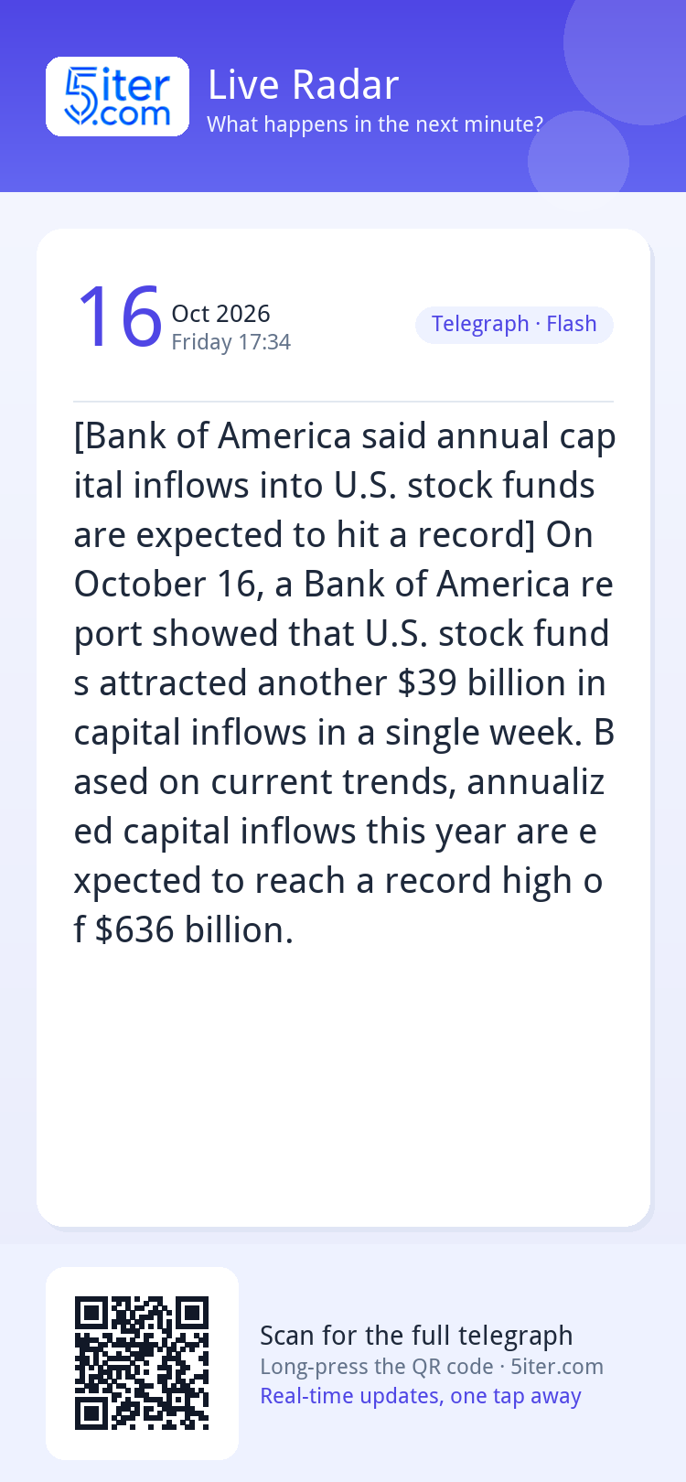 [Bank of America said annual capital inflows into U.S. stock