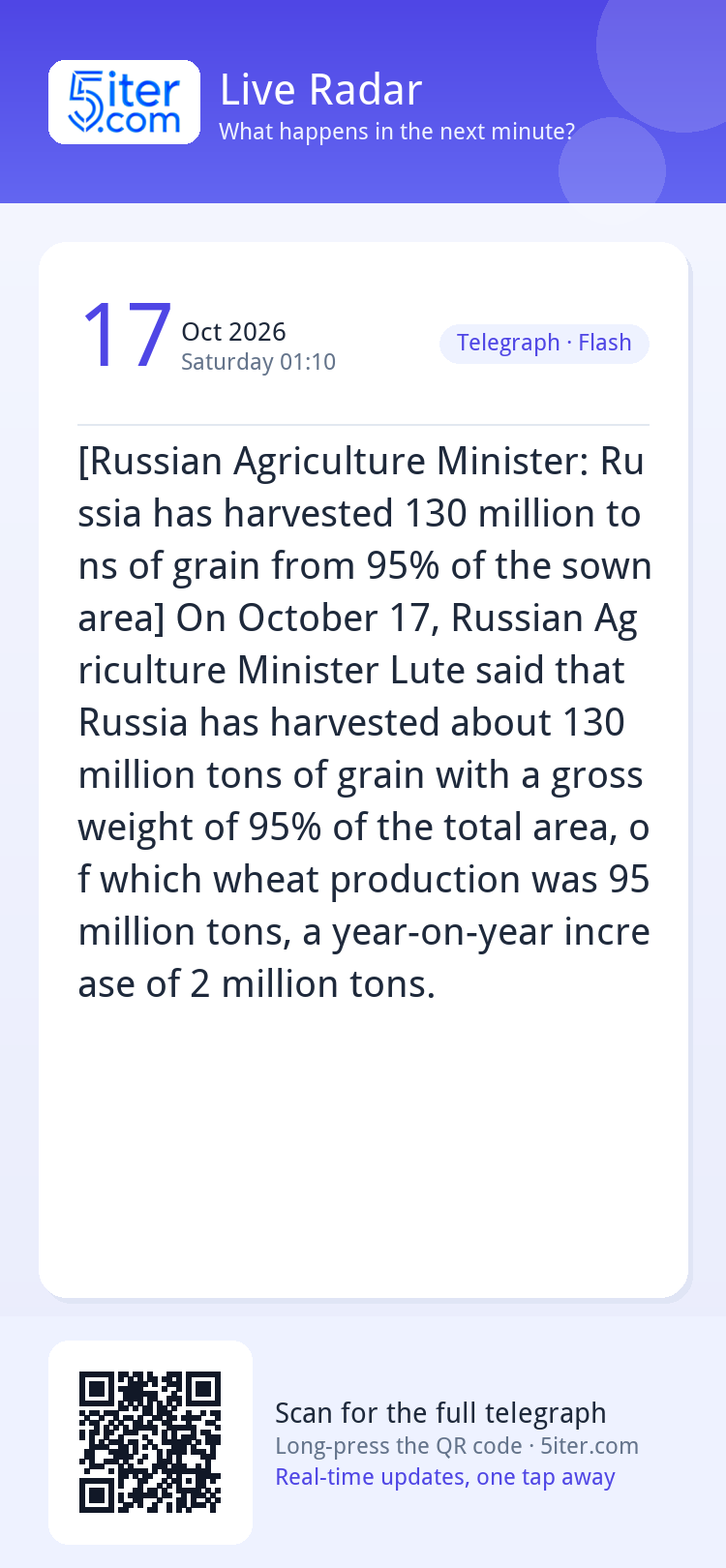 [Russian Agriculture Minister: Russia has harvested 130 mill