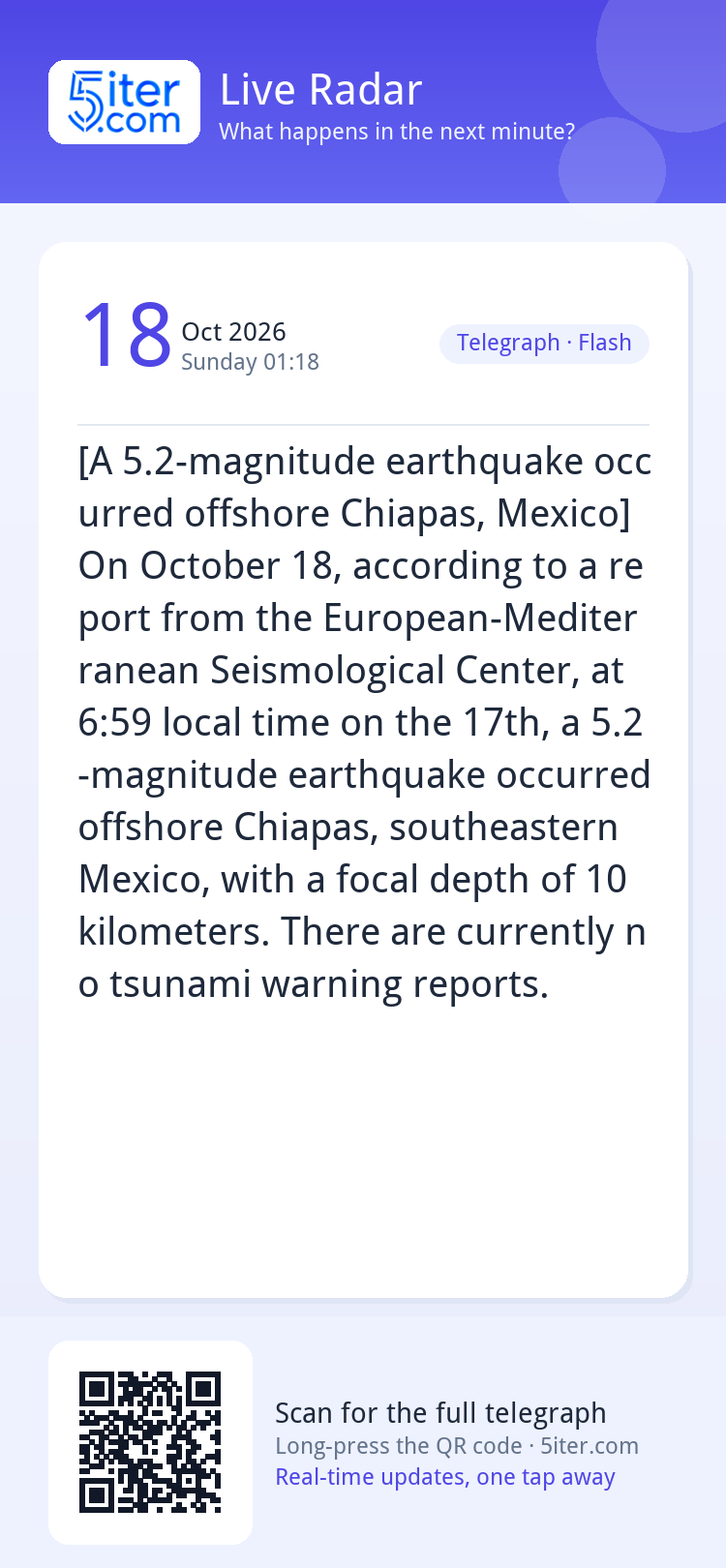 [A 5.2-magnitude earthquake occurred offshore Chiapas, Mexic