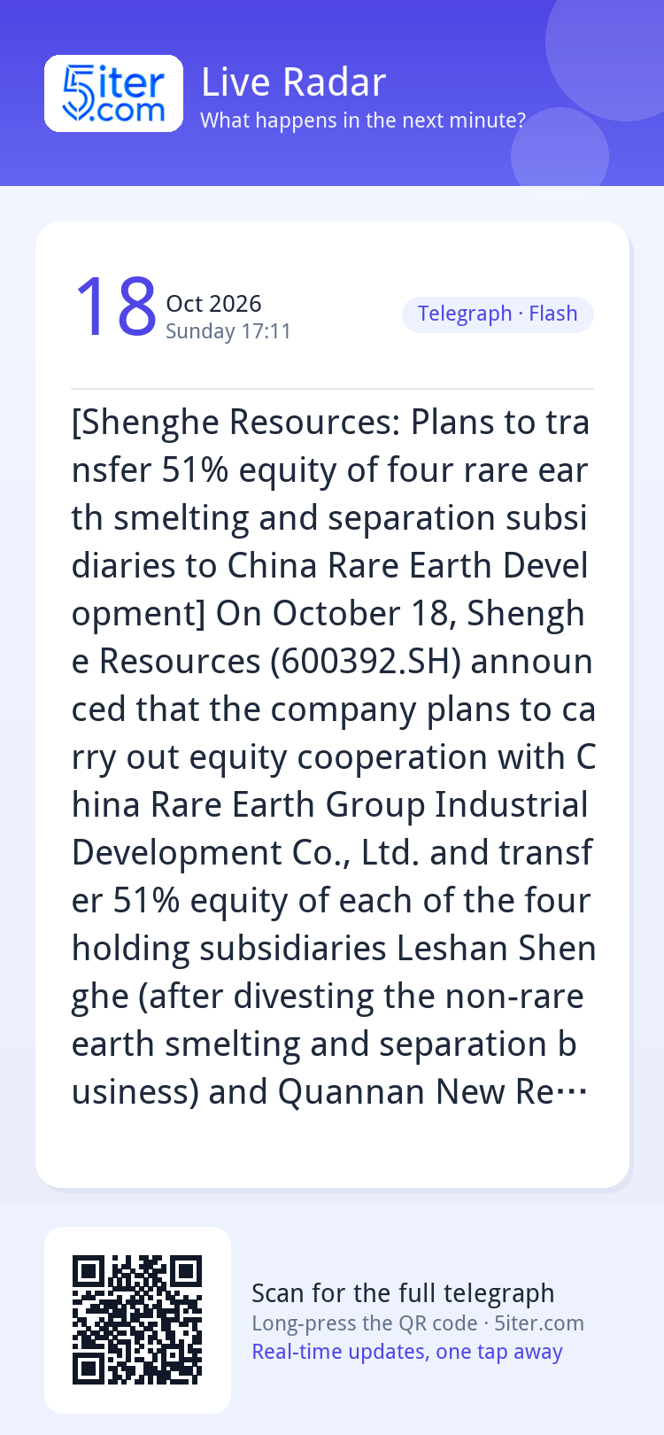 [Shenghe Resources: Plans to transfer 51% equity of four rar