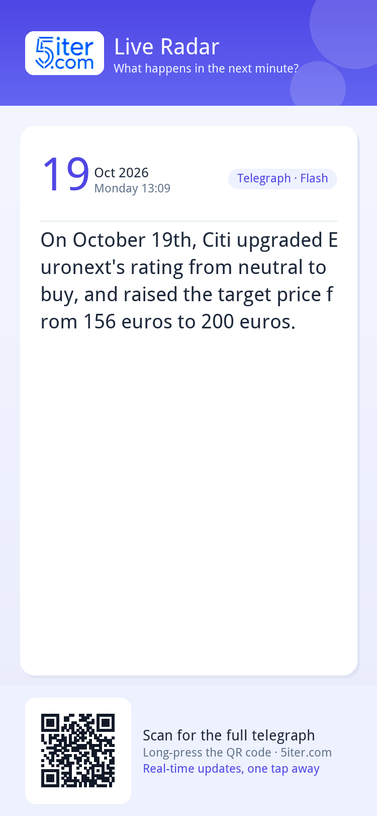 On October 19th, Citi upgraded Euronext's rating from neutra
