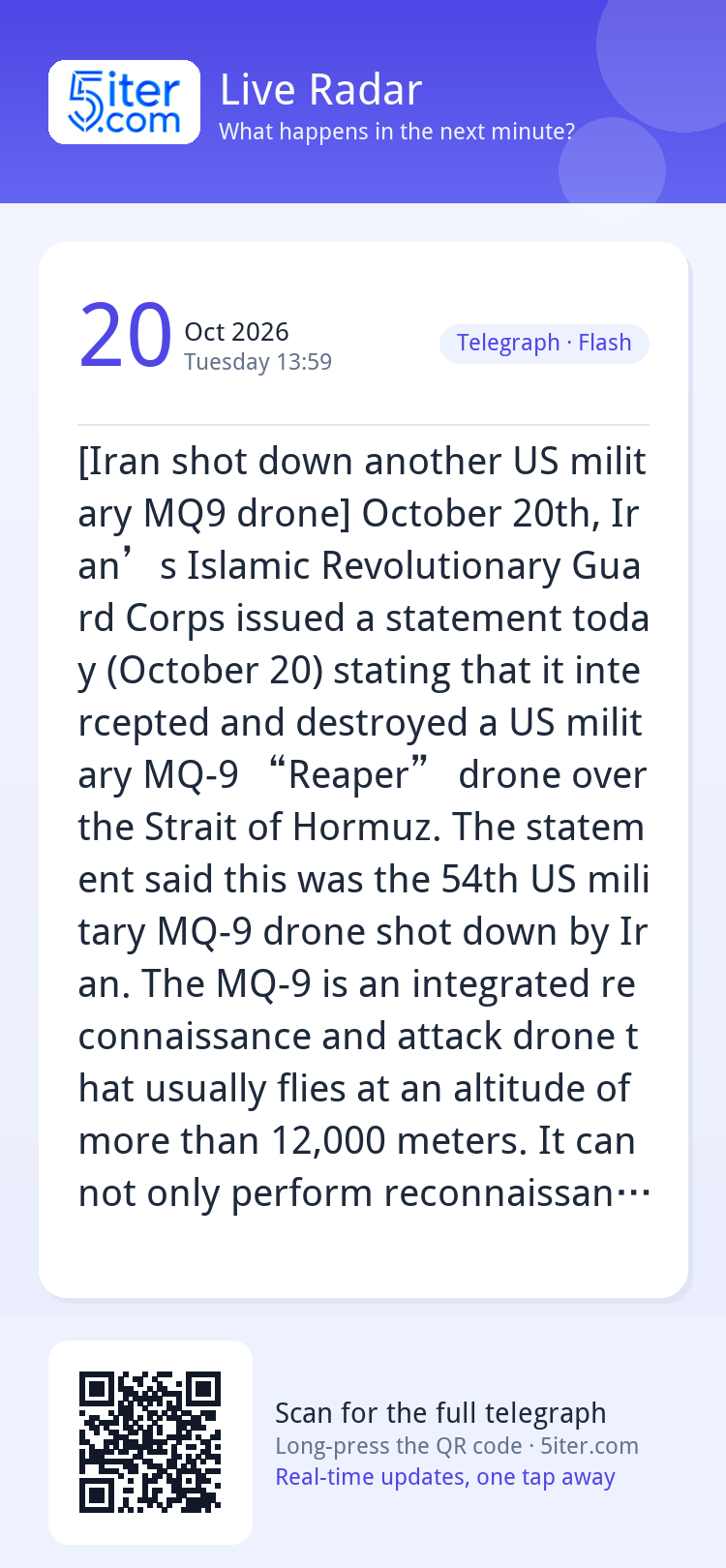 [Iran shot down another US military MQ9 drone] October 20th,