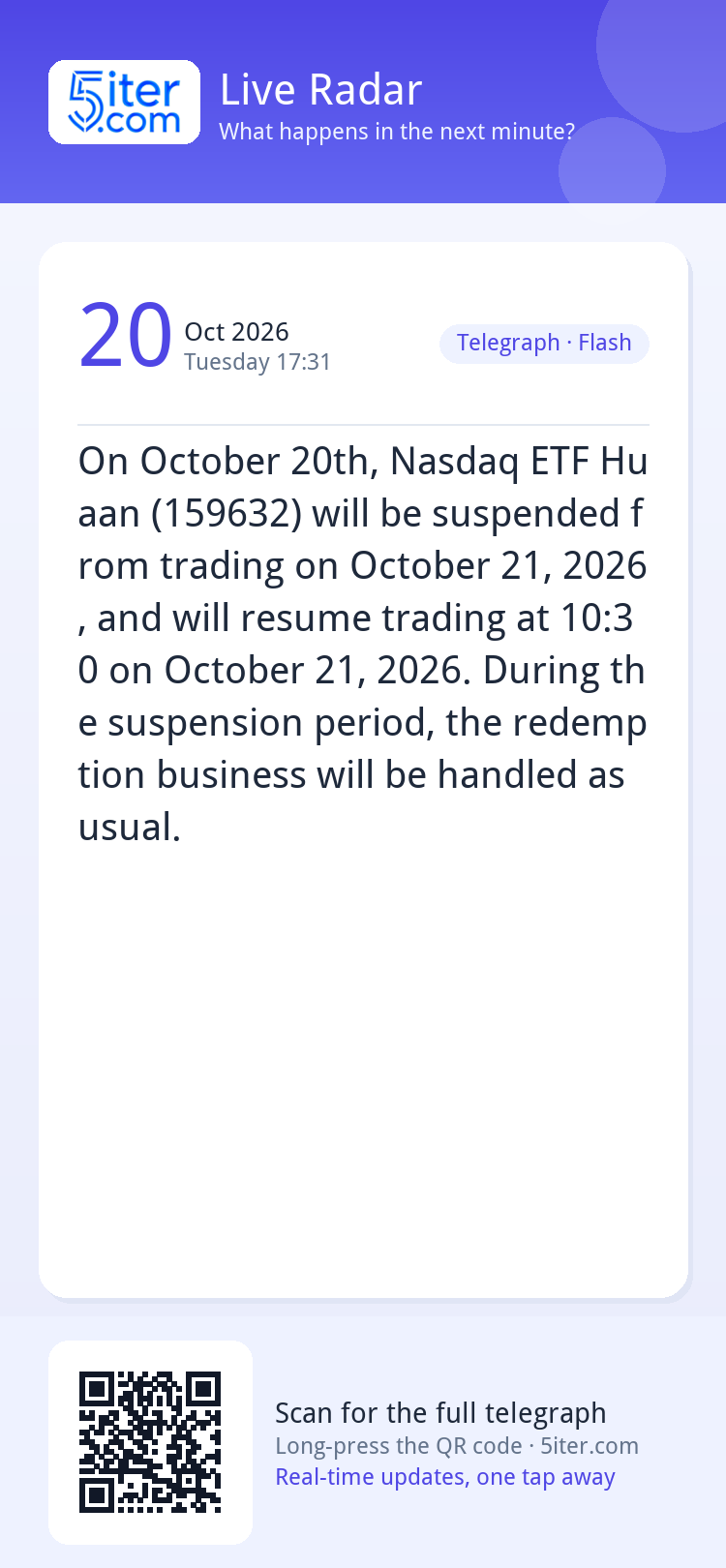 On October 20th, Nasdaq ETF Huaan (159632) will be suspended