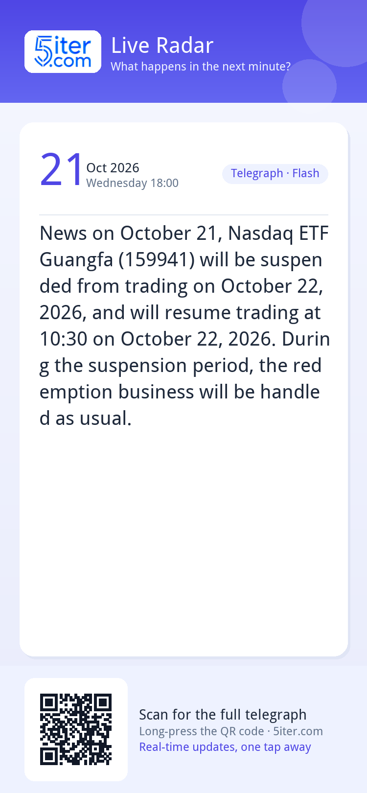 News on October 21, Nasdaq ETF Guangfa (159941) will be susp