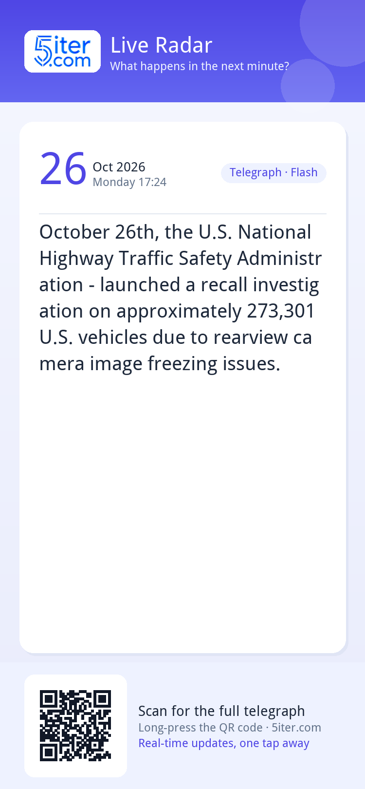 October 26th, the U.S. National Highway Traffic Safety Admin