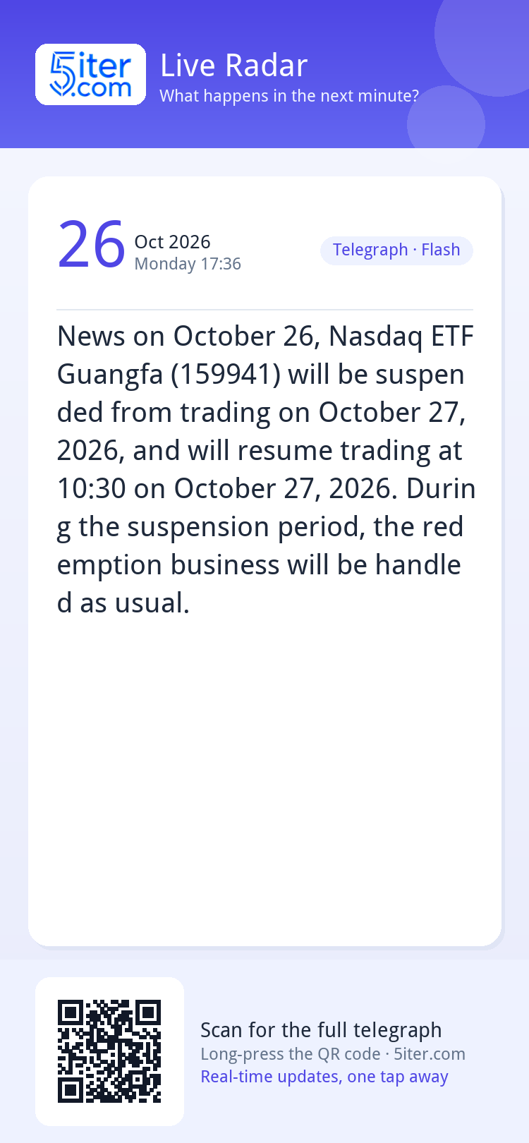 News on October 26, Nasdaq ETF Guangfa (159941) will be susp