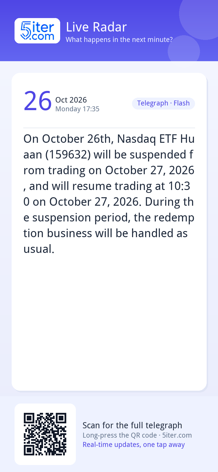 On October 26th, Nasdaq ETF Huaan (159632) will be suspended