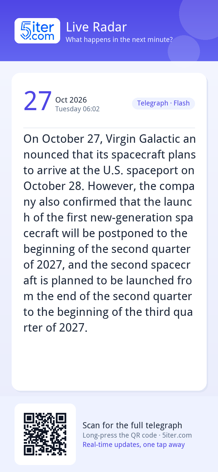 On October 27, Virgin Galactic announced that its spacecraft