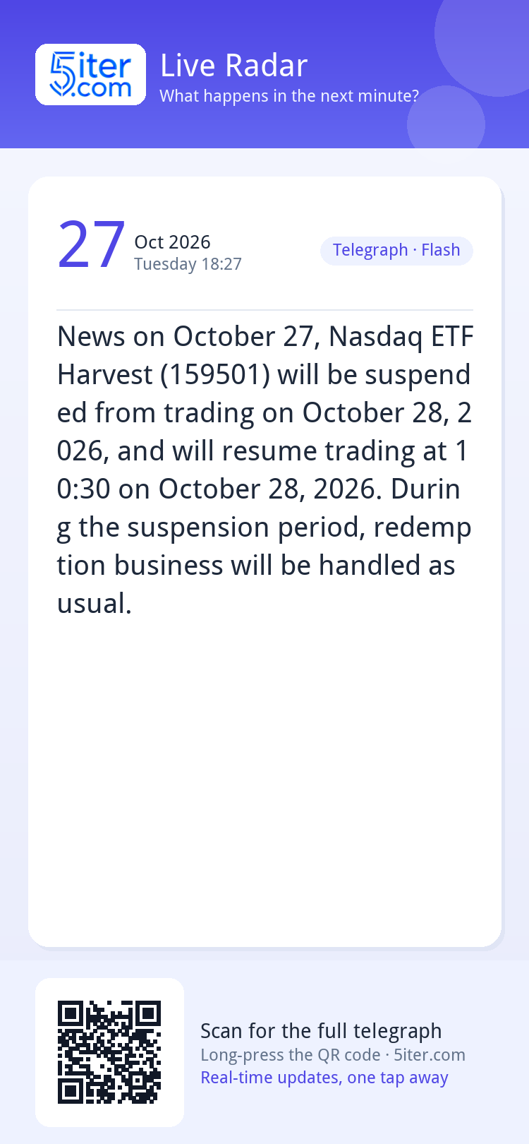 News on October 27, Nasdaq ETF Harvest (159501) will be susp
