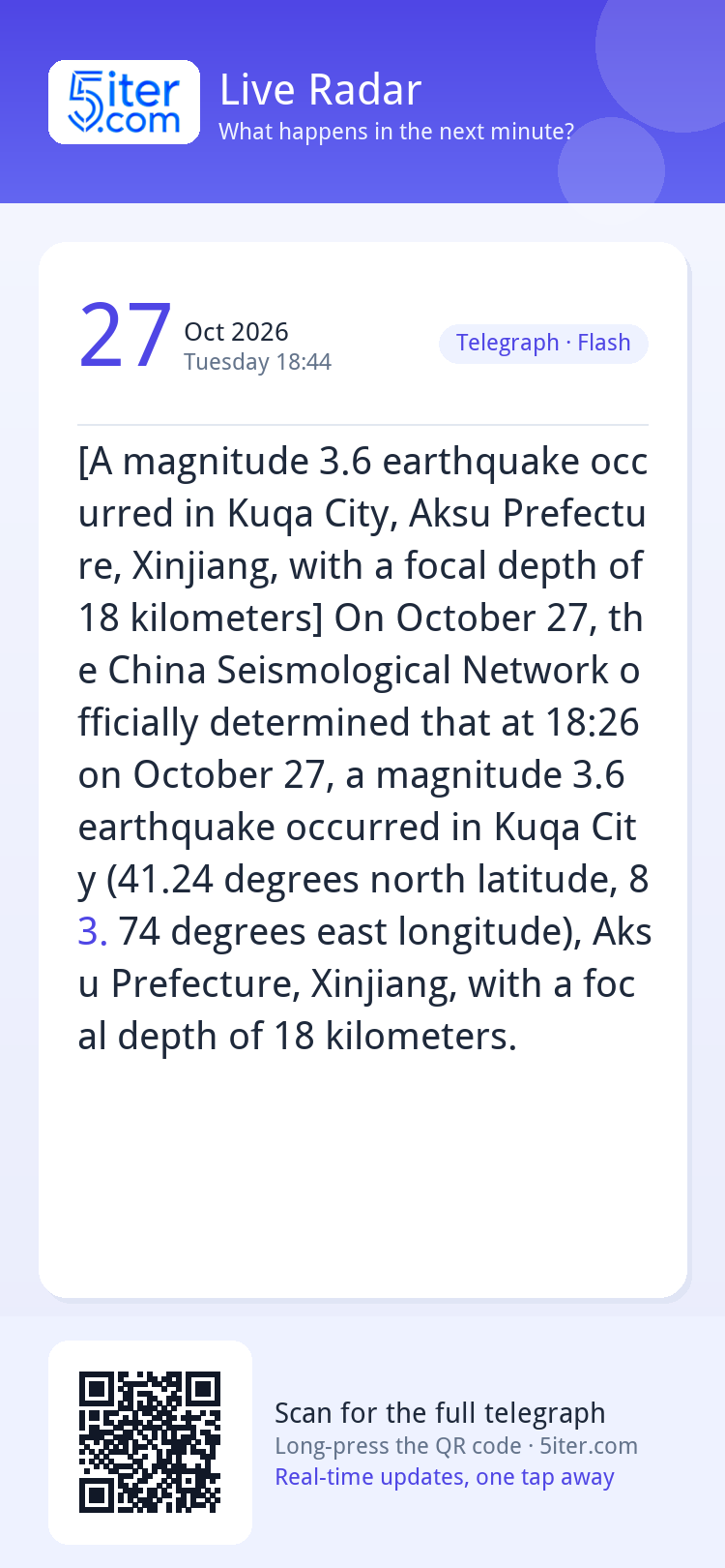 [A magnitude 3.6 earthquake occurred in Kuqa City, Aksu Pref