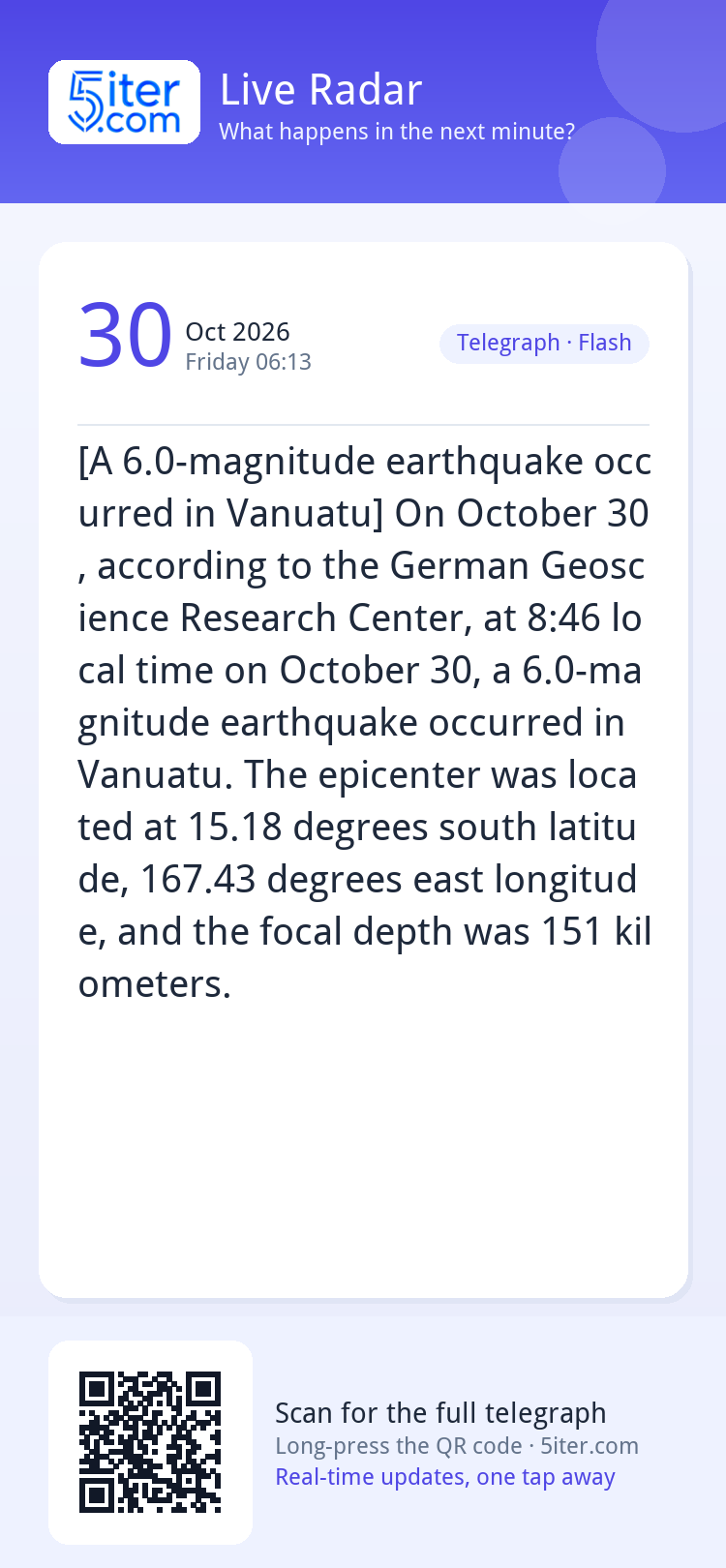 [A 6.0-magnitude earthquake occurred in Vanuatu] On October 