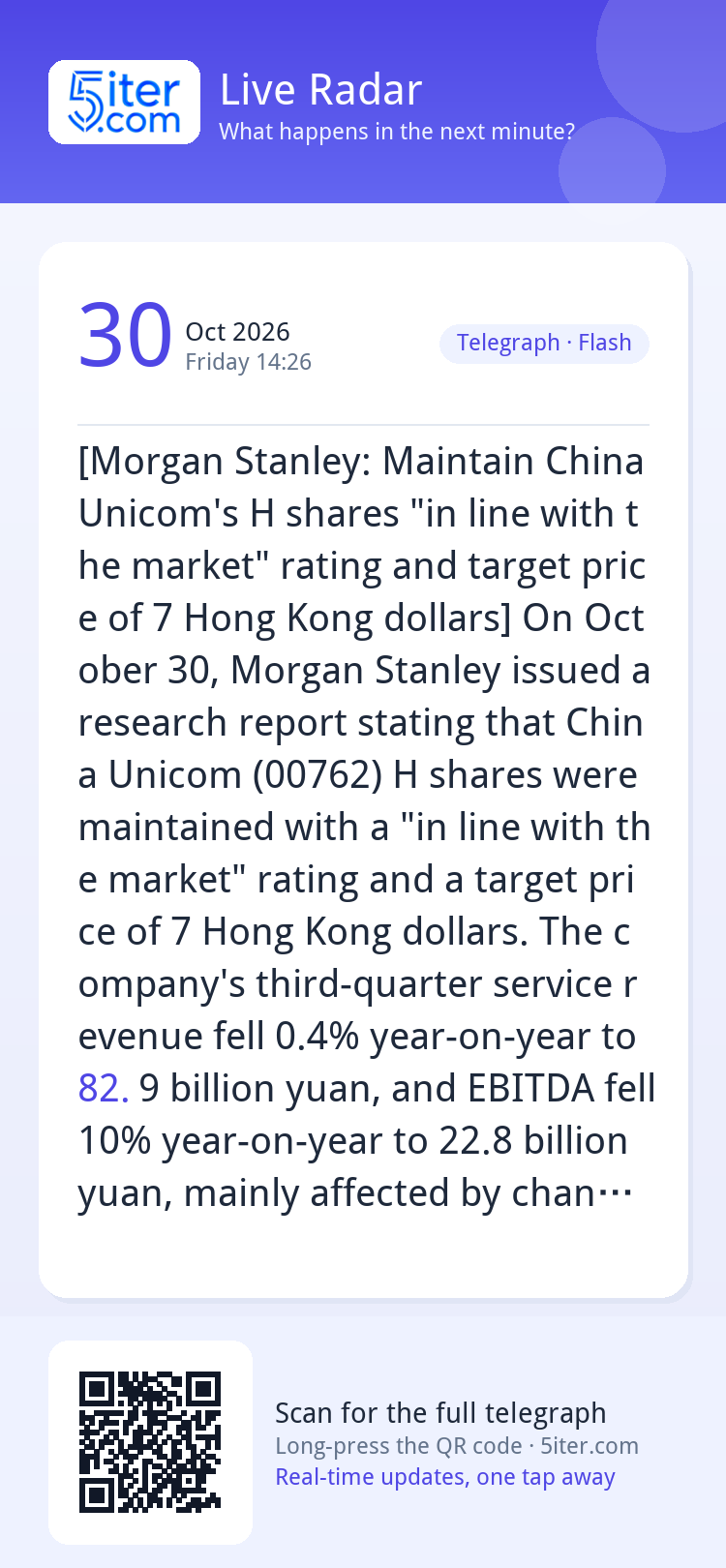[Morgan Stanley: Maintain China Unicom's H shares "in line w