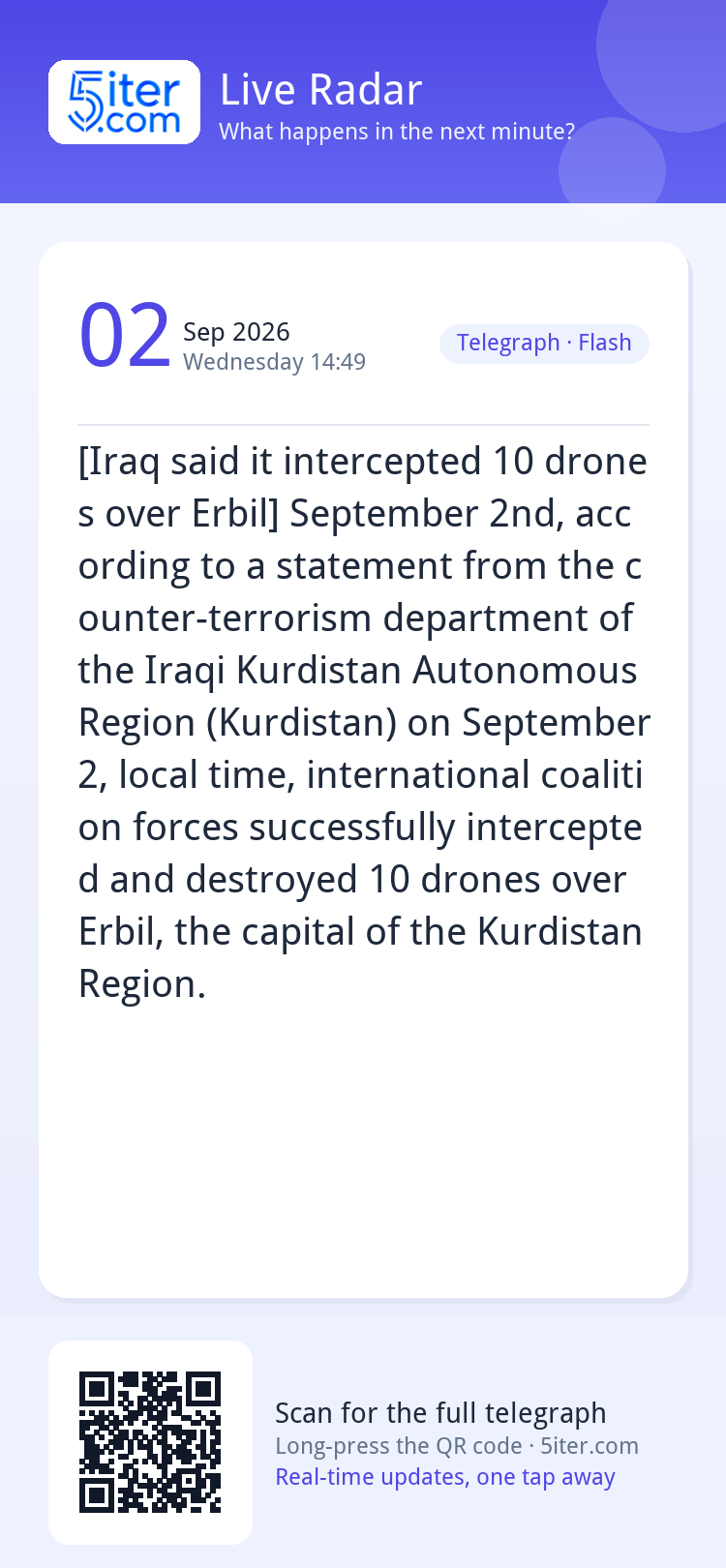 [Iraq said it intercepted 10 drones over Erbil] September 2n