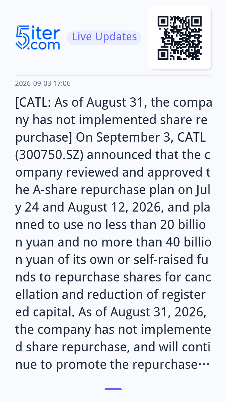 [CATL: As of August 31, the company has not implemented shar
