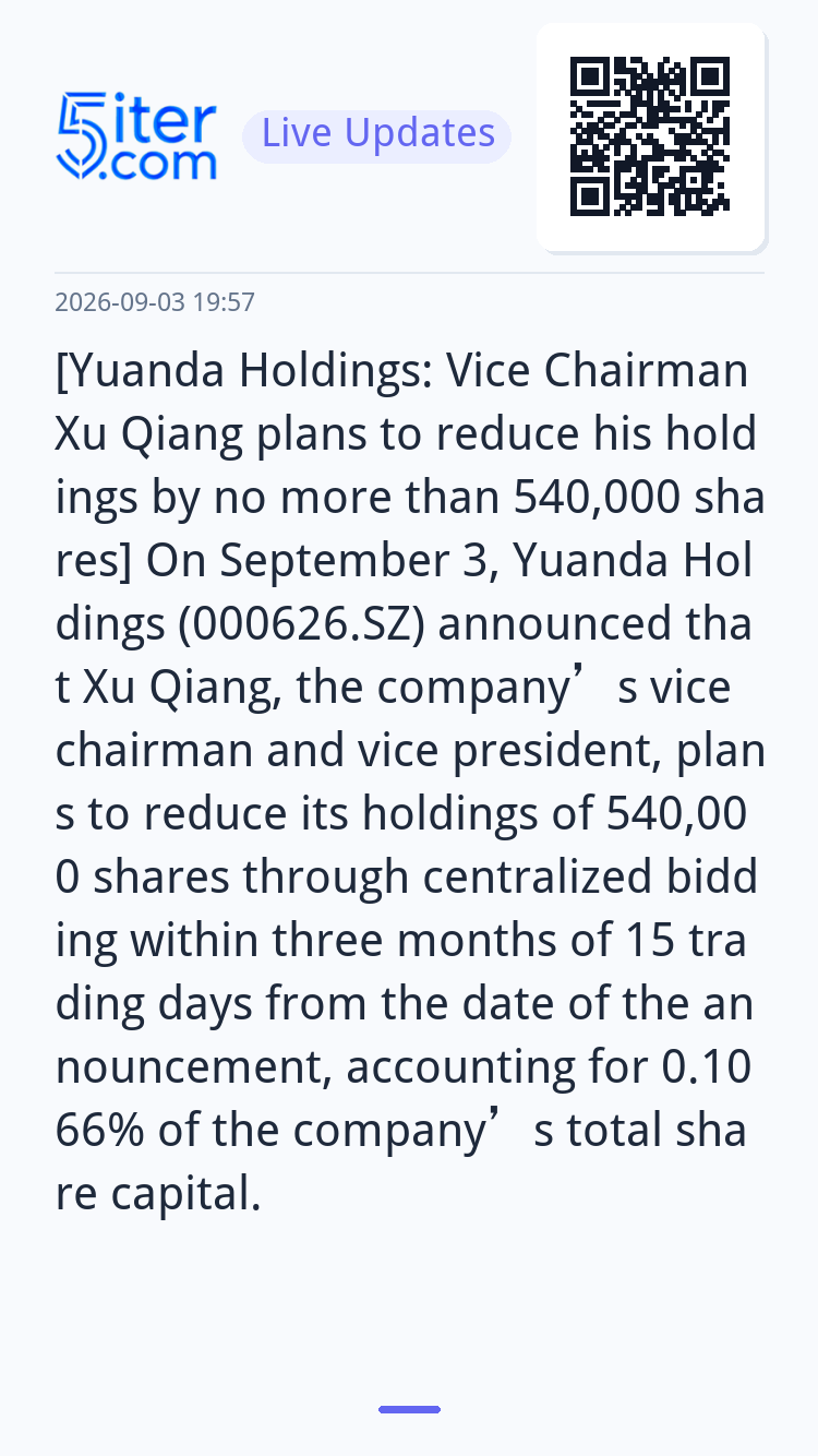 [Yuanda Holdings: Vice Chairman Xu Qiang plans to reduce his