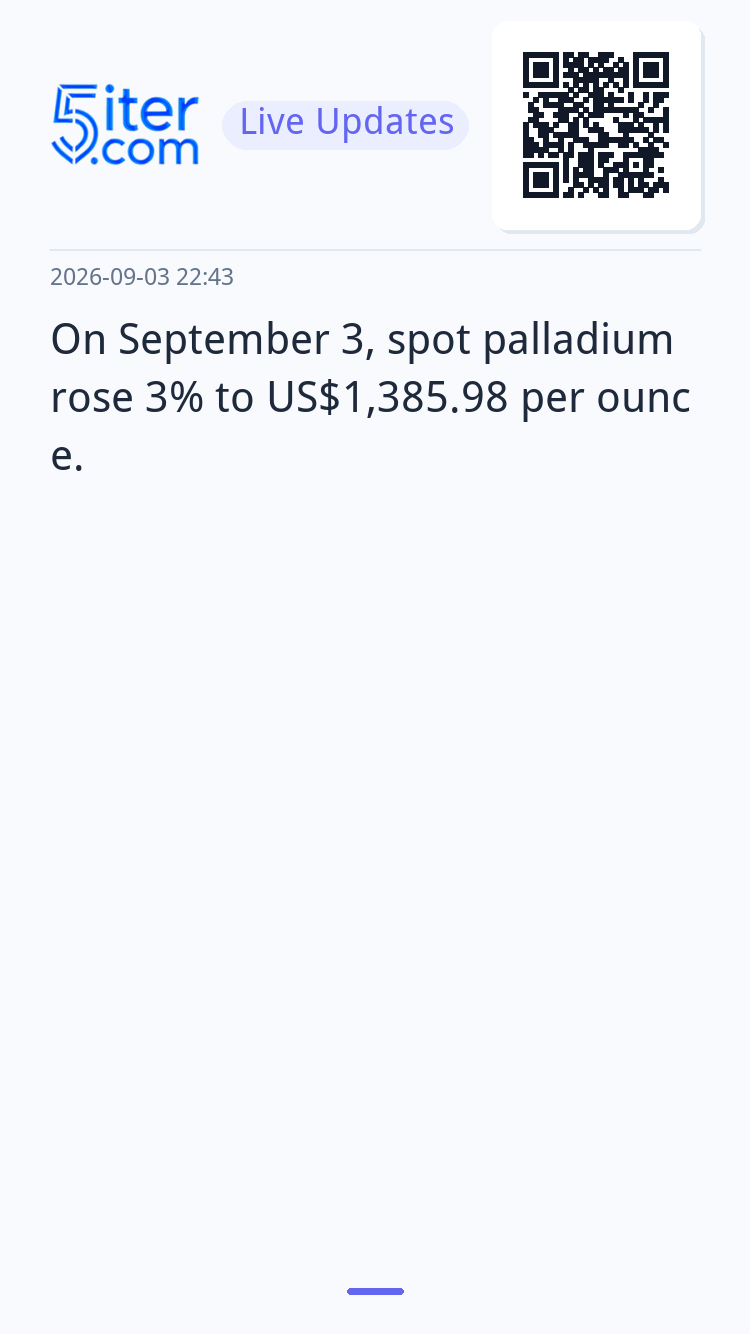 On September 3, spot palladium rose 3% to US$1,385.98 per ou