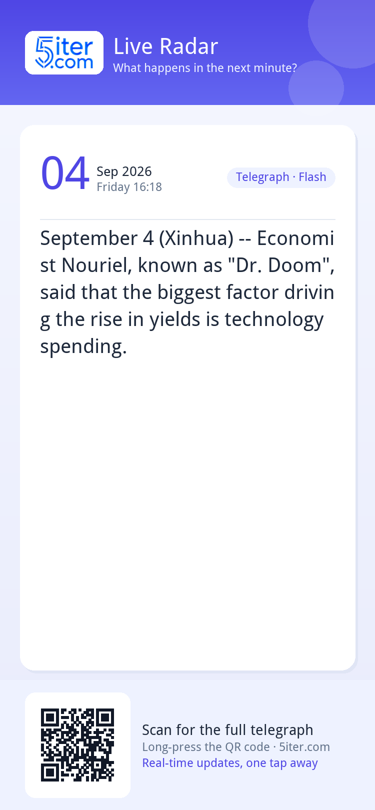 September 4 (Xinhua) -- Economist Nouriel, known as "Dr. Doo
