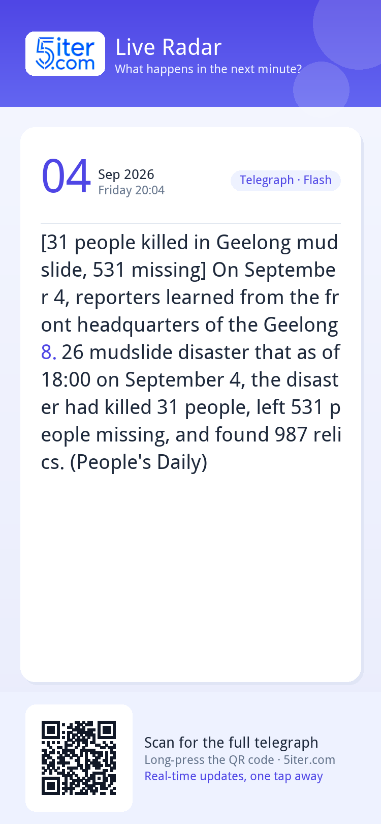 [31 people killed in Geelong mudslide, 531 missing] On Septe