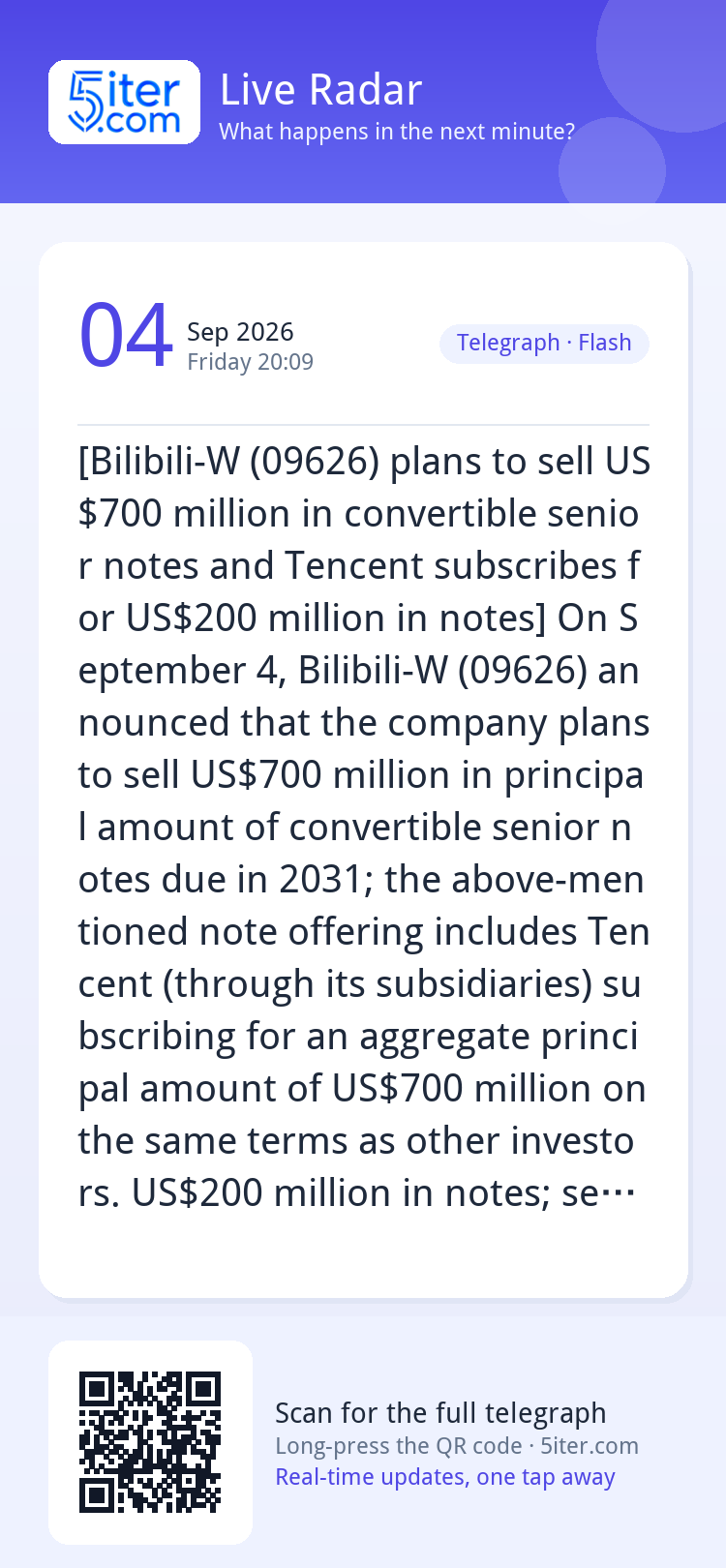 [Bilibili-W (09626) plans to sell US$700 million in converti