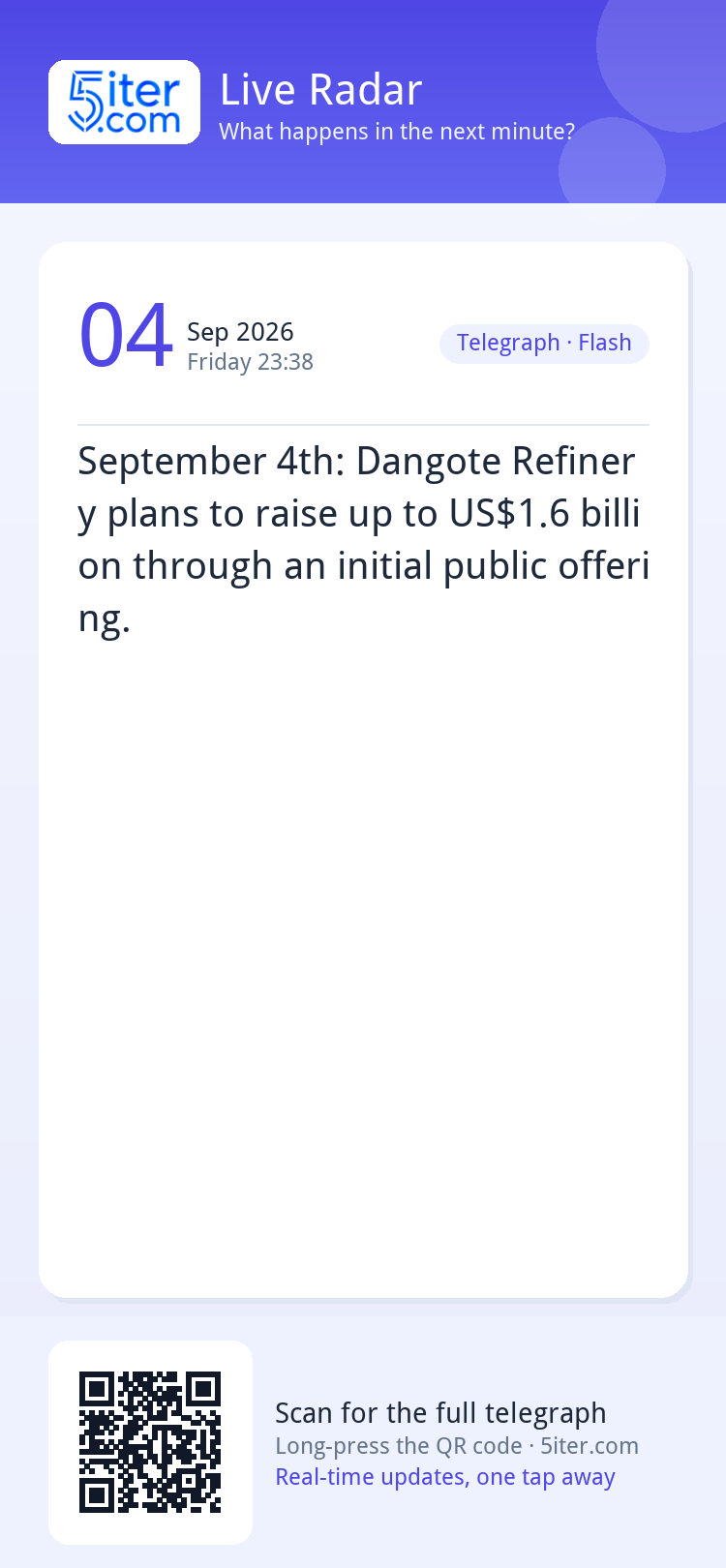 September 4th: Dangote Refinery plans to raise up to US$1.6 