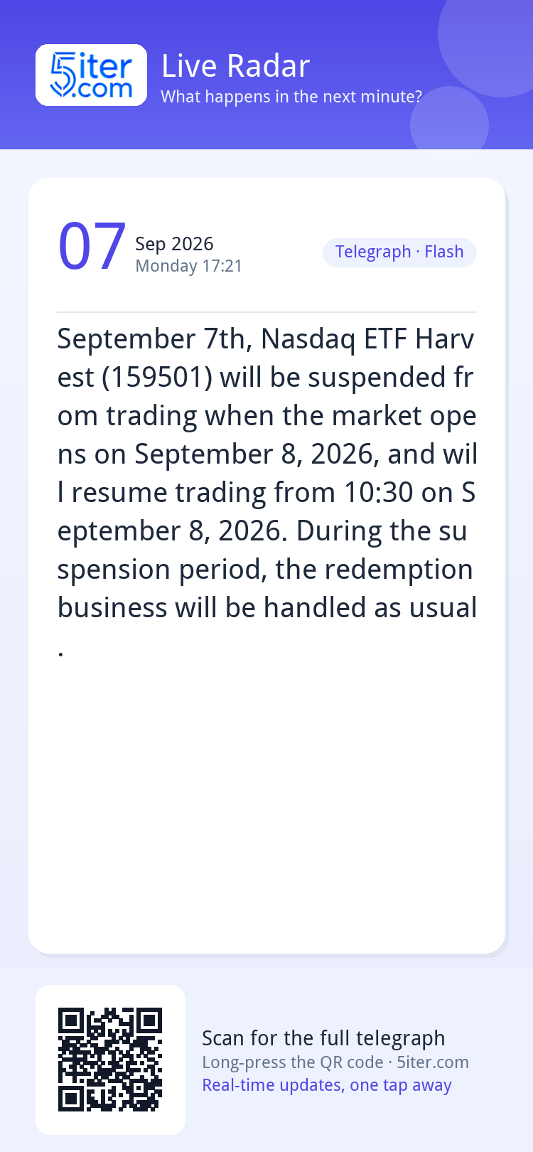 September 7th, Nasdaq ETF Harvest (159501) will be suspended