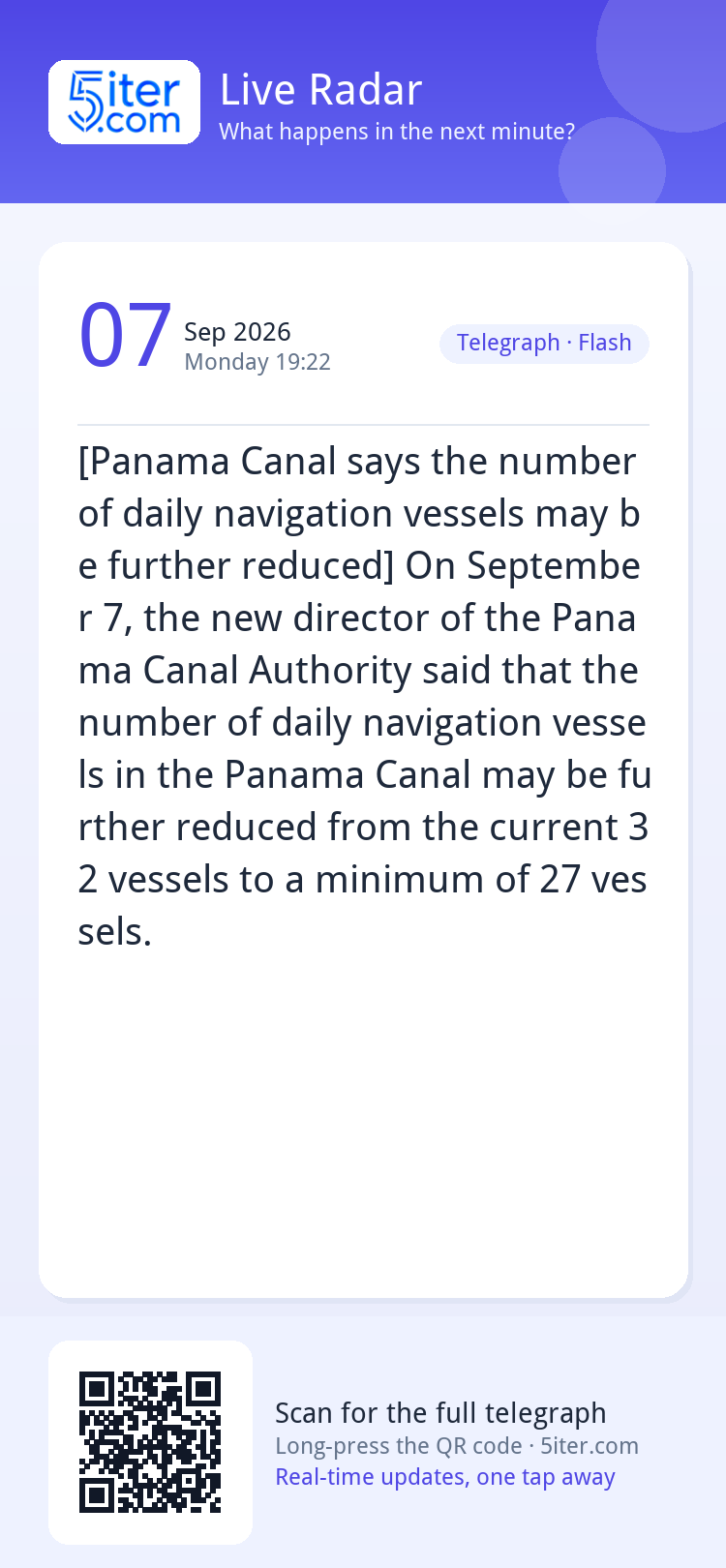 [Panama Canal says the number of daily navigation vessels ma