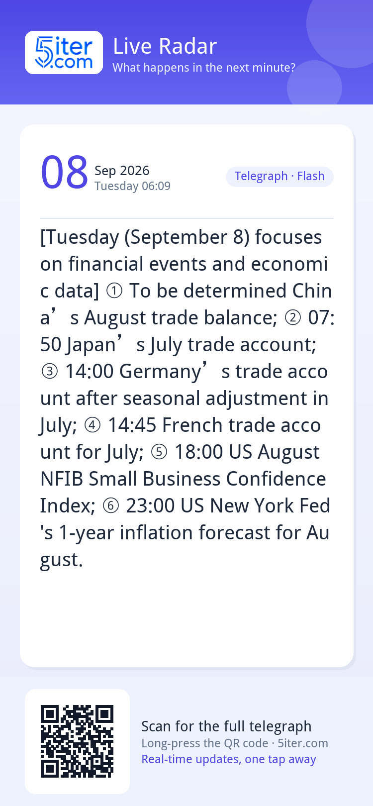 [Tuesday (September 8) focuses on financial events and econo