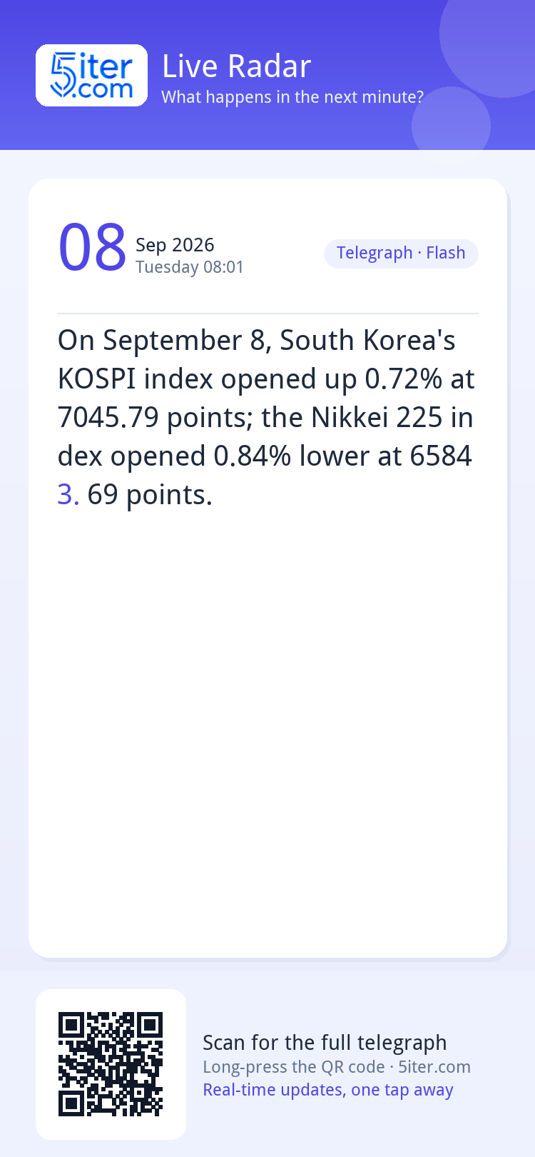 On September 8, South Korea's KOSPI index opened up 0.72% at