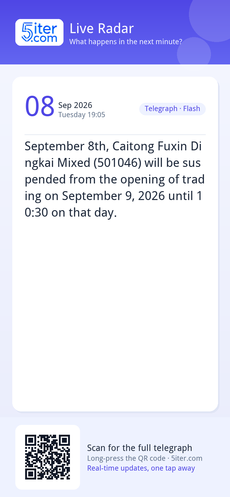 September 8th, Caitong Fuxin Dingkai Mixed (501046) will be 