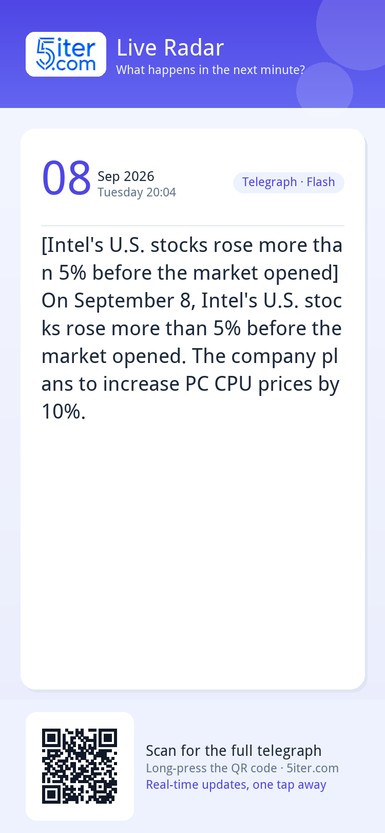[Intel's U.S. stocks rose more than 5% before the market ope