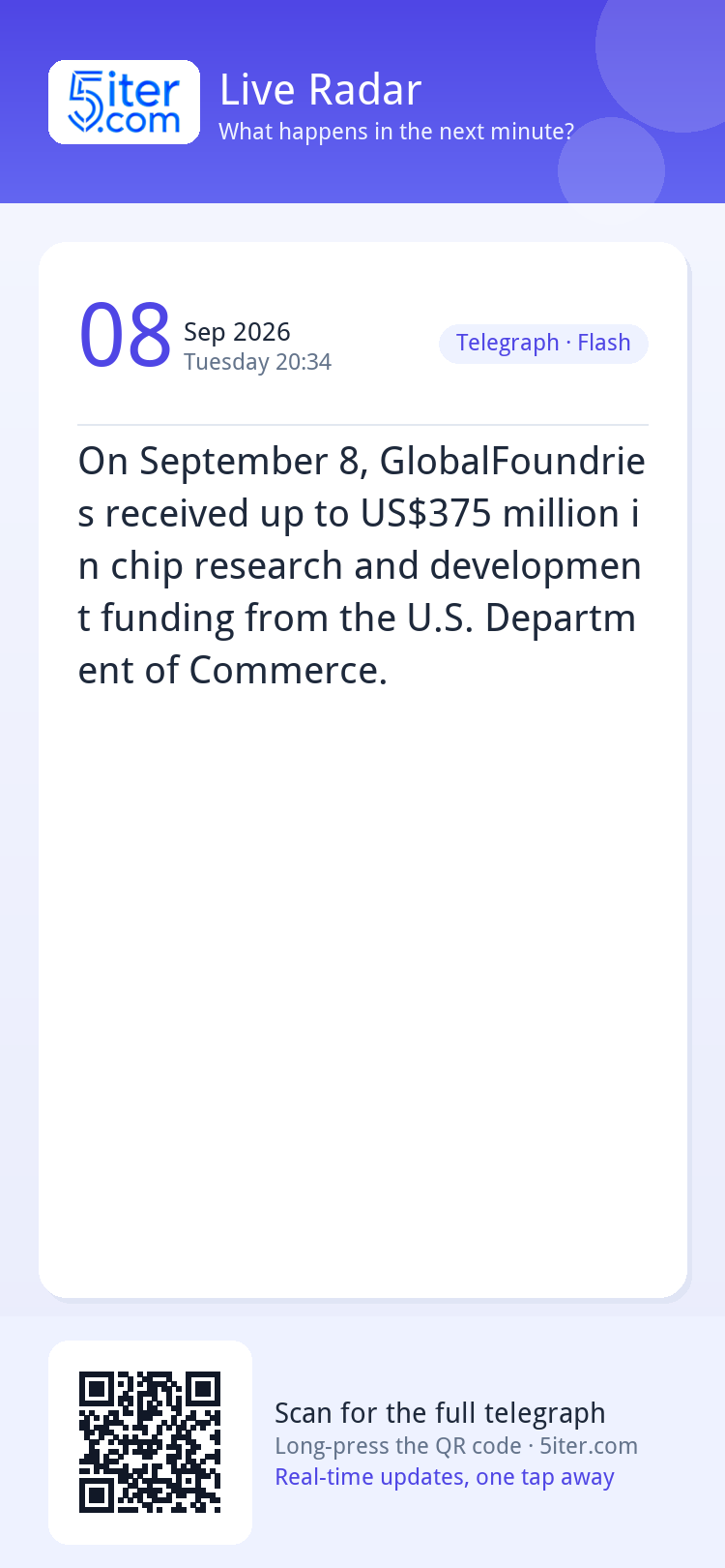 On September 8, GlobalFoundries received up to US$375 millio