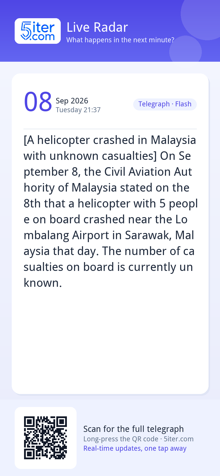 [A helicopter crashed in Malaysia with unknown casualties] O