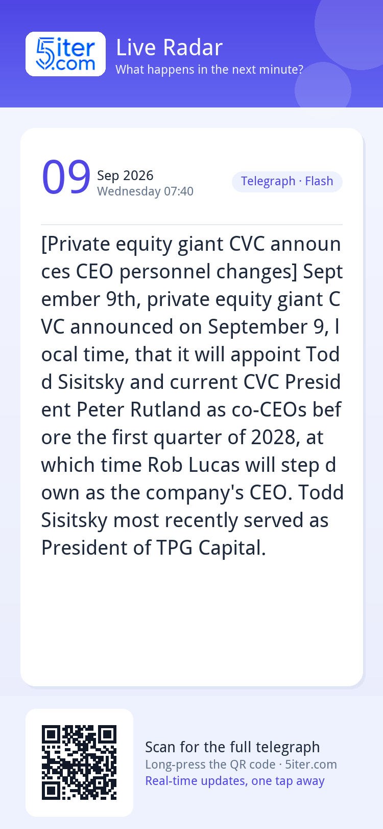 [Private equity giant CVC announces CEO personnel changes] S