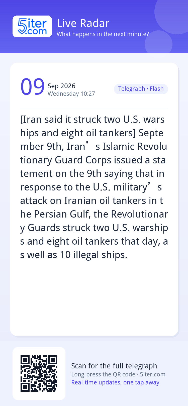 [Iran said it struck two U.S. warships and eight oil tankers