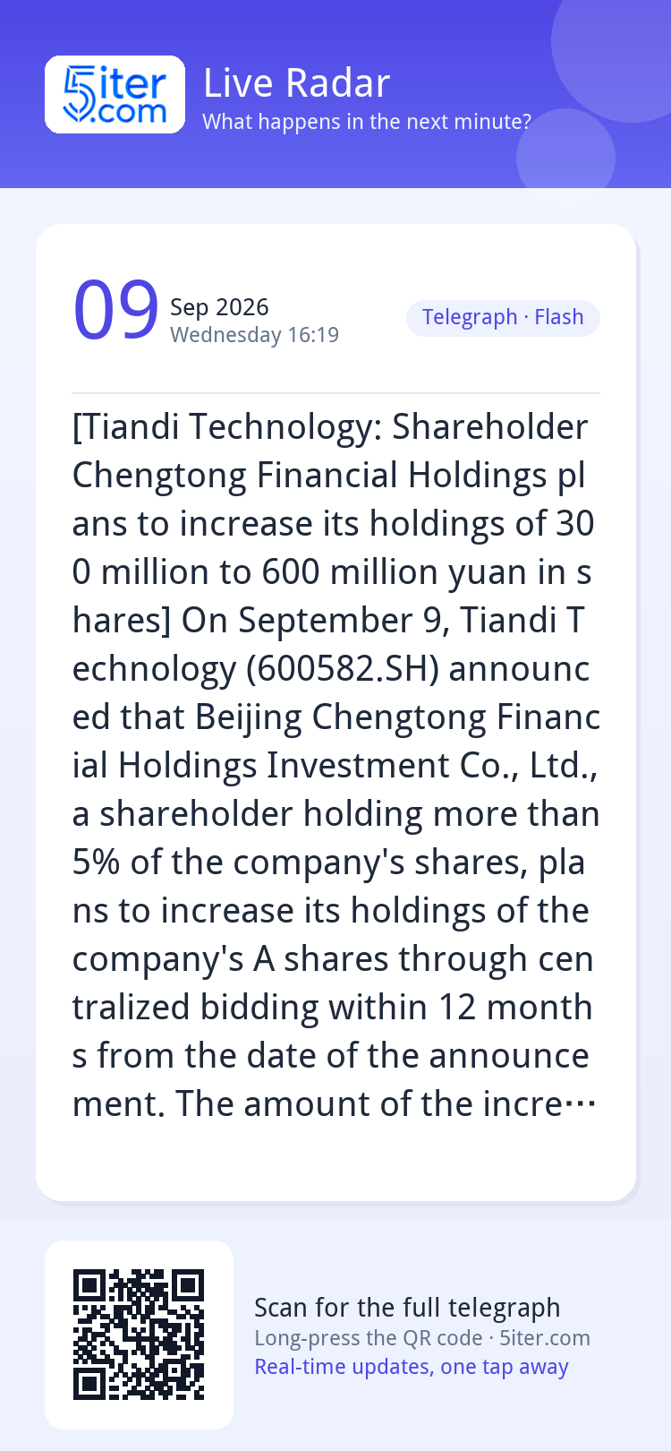 [Tiandi Technology: Shareholder Chengtong Financial Holdings