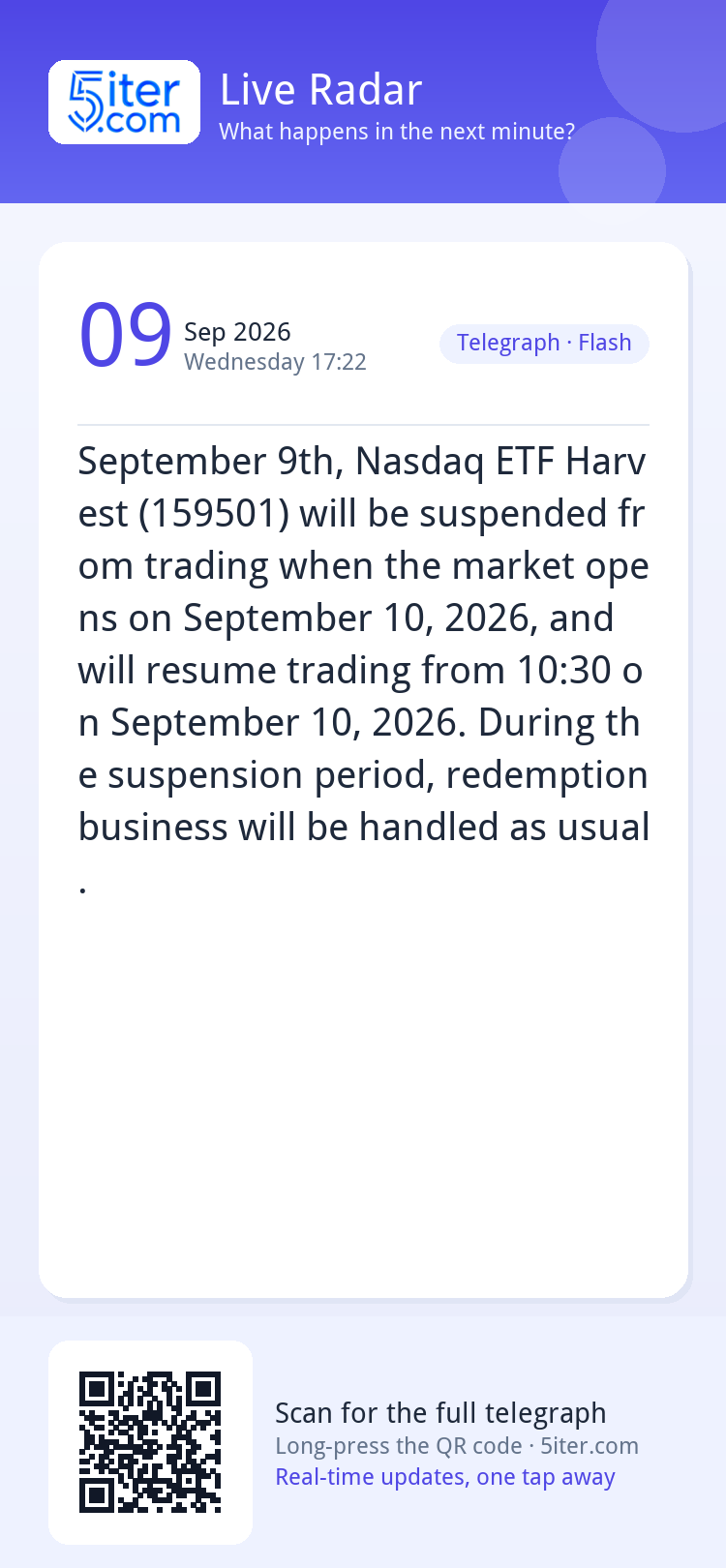 September 9th, Nasdaq ETF Harvest (159501) will be suspended