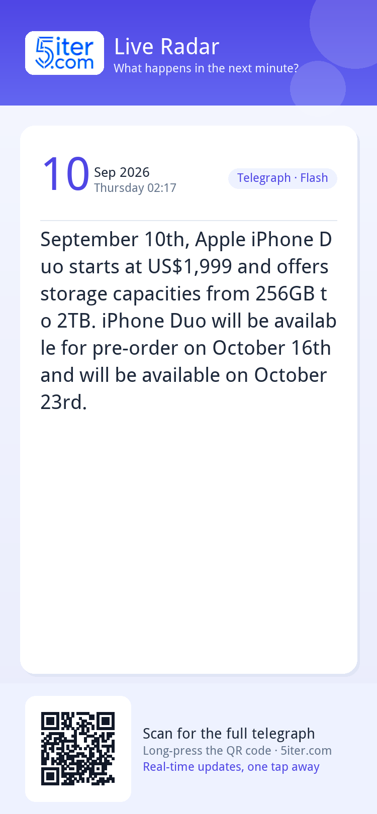 September 10th, Apple iPhone Duo starts at US$1,999 and offe