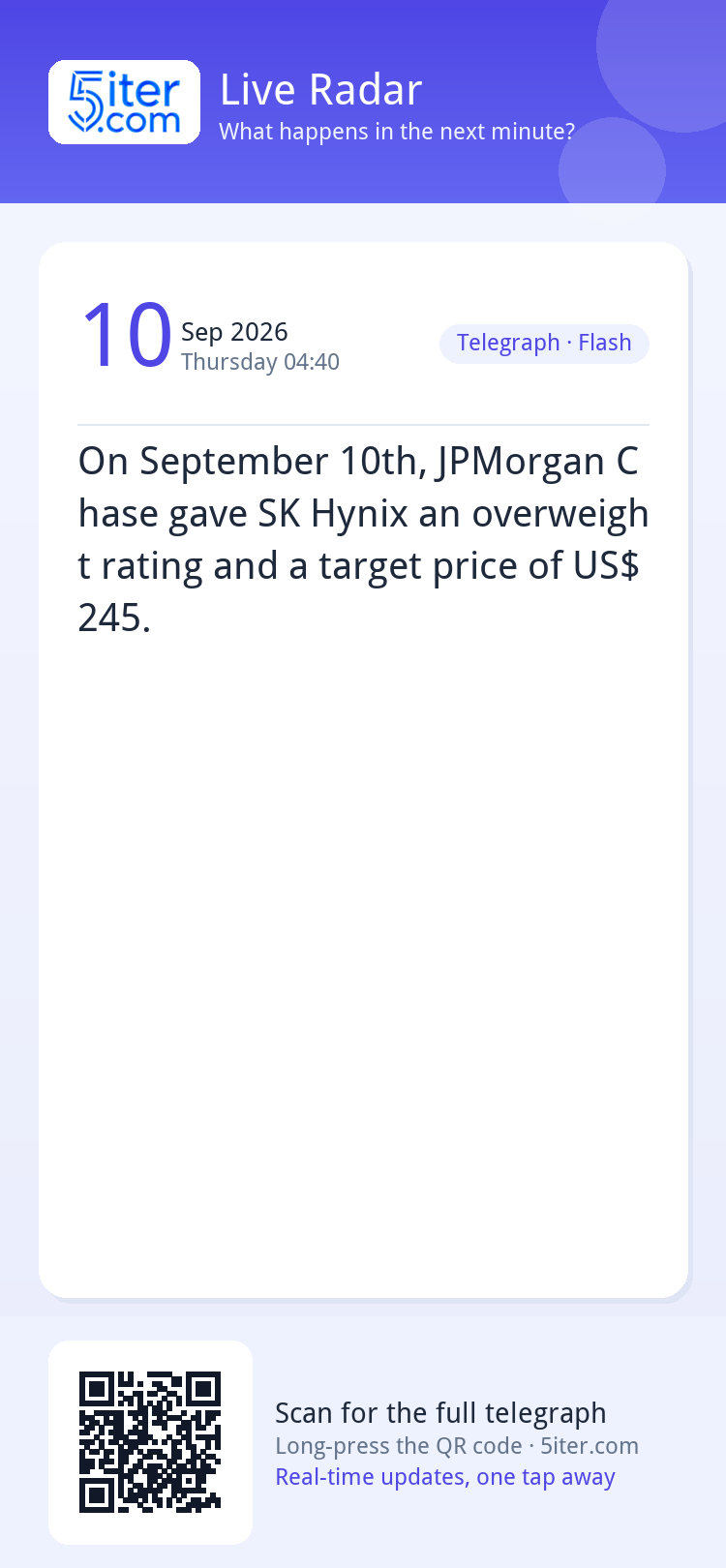On September 10th, JPMorgan Chase gave SK Hynix an overweigh