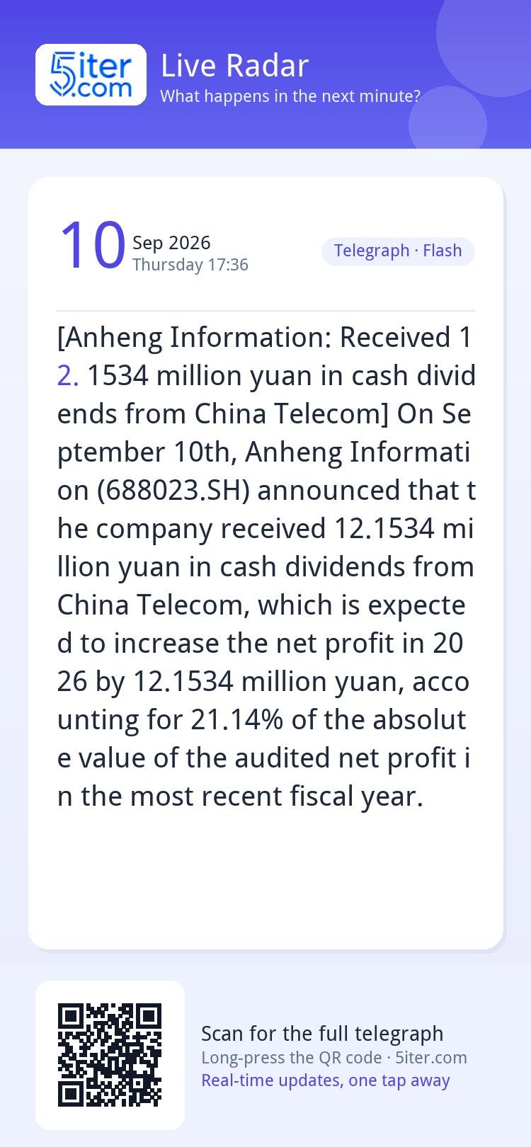 [Anheng Information: Received 12.1534 million yuan in cash d
