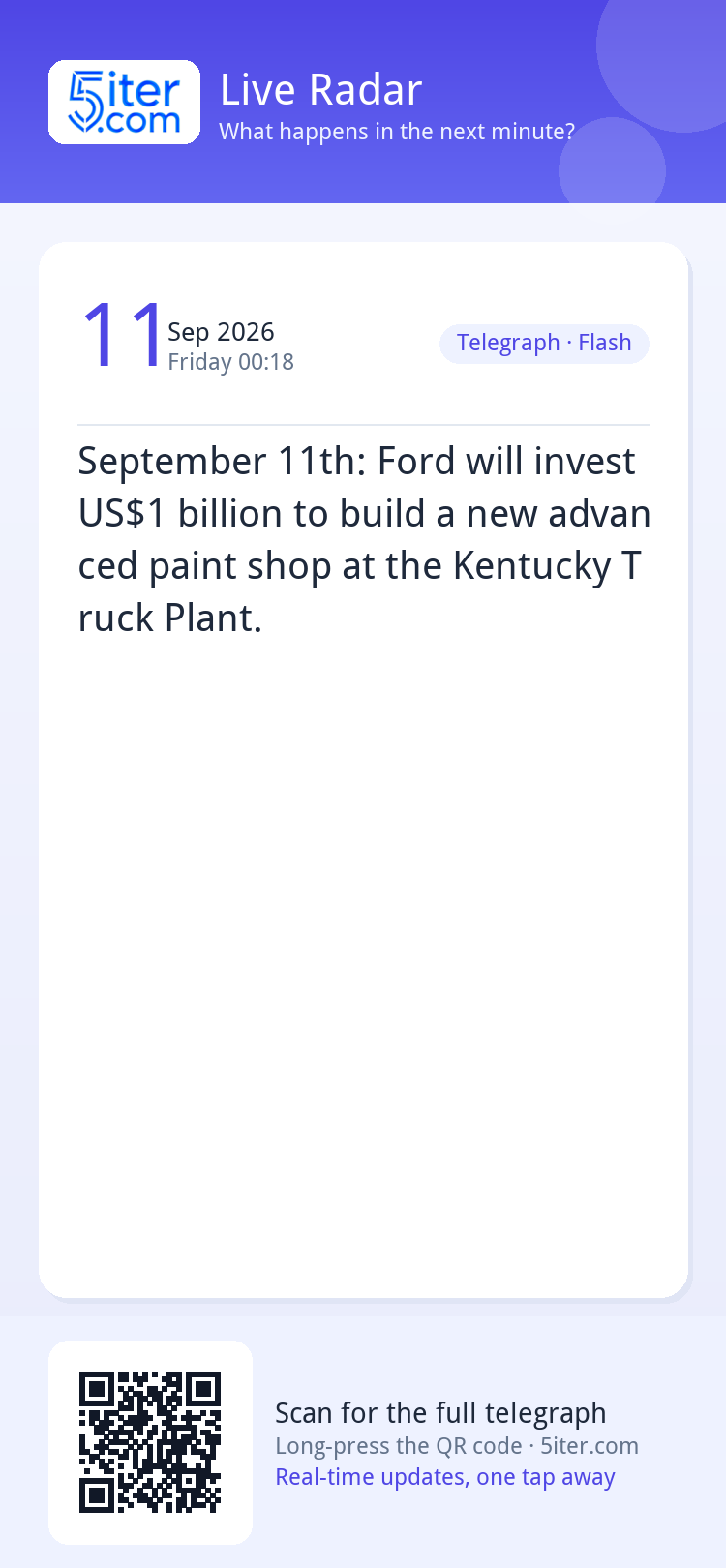 September 11th: Ford will invest US$1 billion to build a new