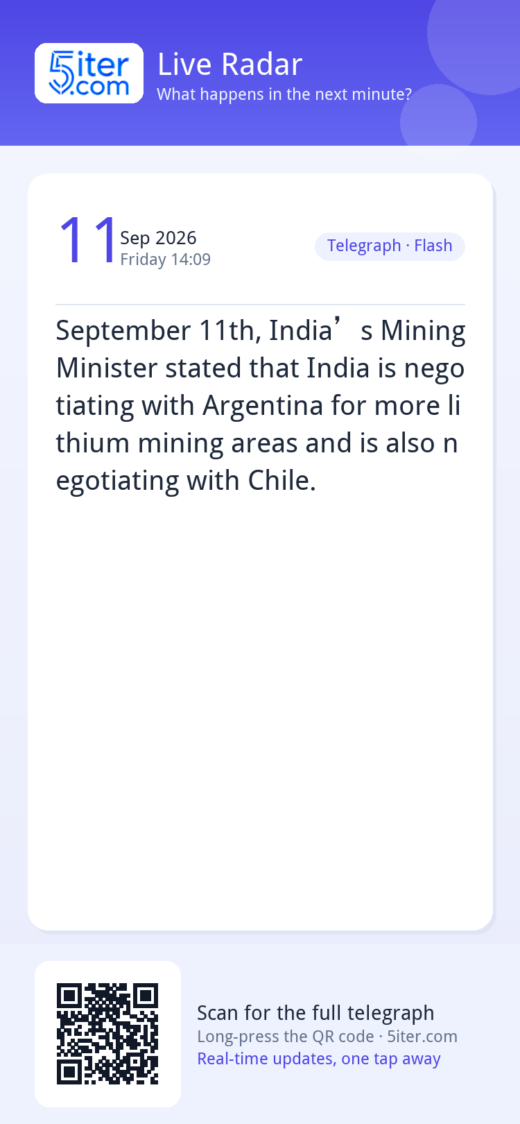 September 11th, India’s Mining Minister stated that India is