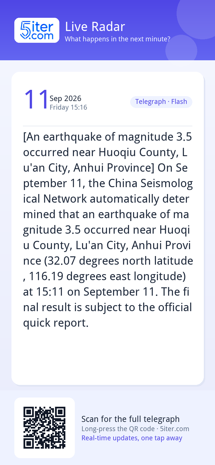 [An earthquake of magnitude 3.5 occurred near Huoqiu County,