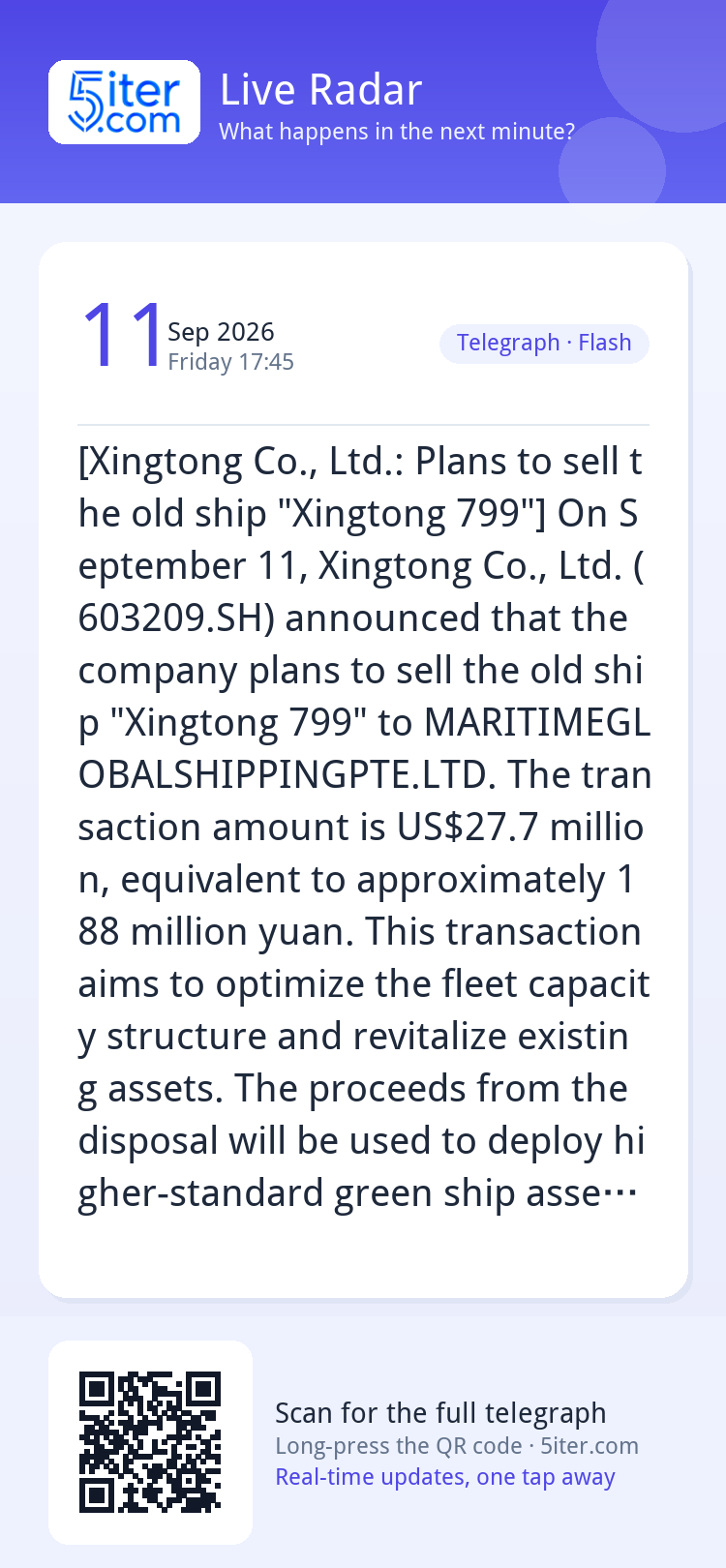 [Xingtong Co., Ltd.: Plans to sell the old ship "Xingtong 79