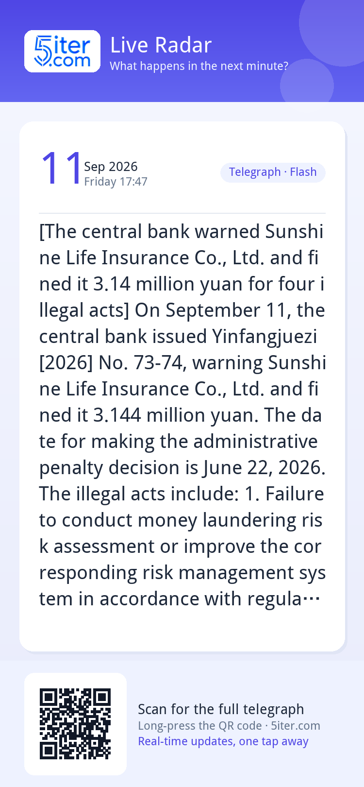 [The central bank warned Sunshine Life Insurance Co., Ltd. a