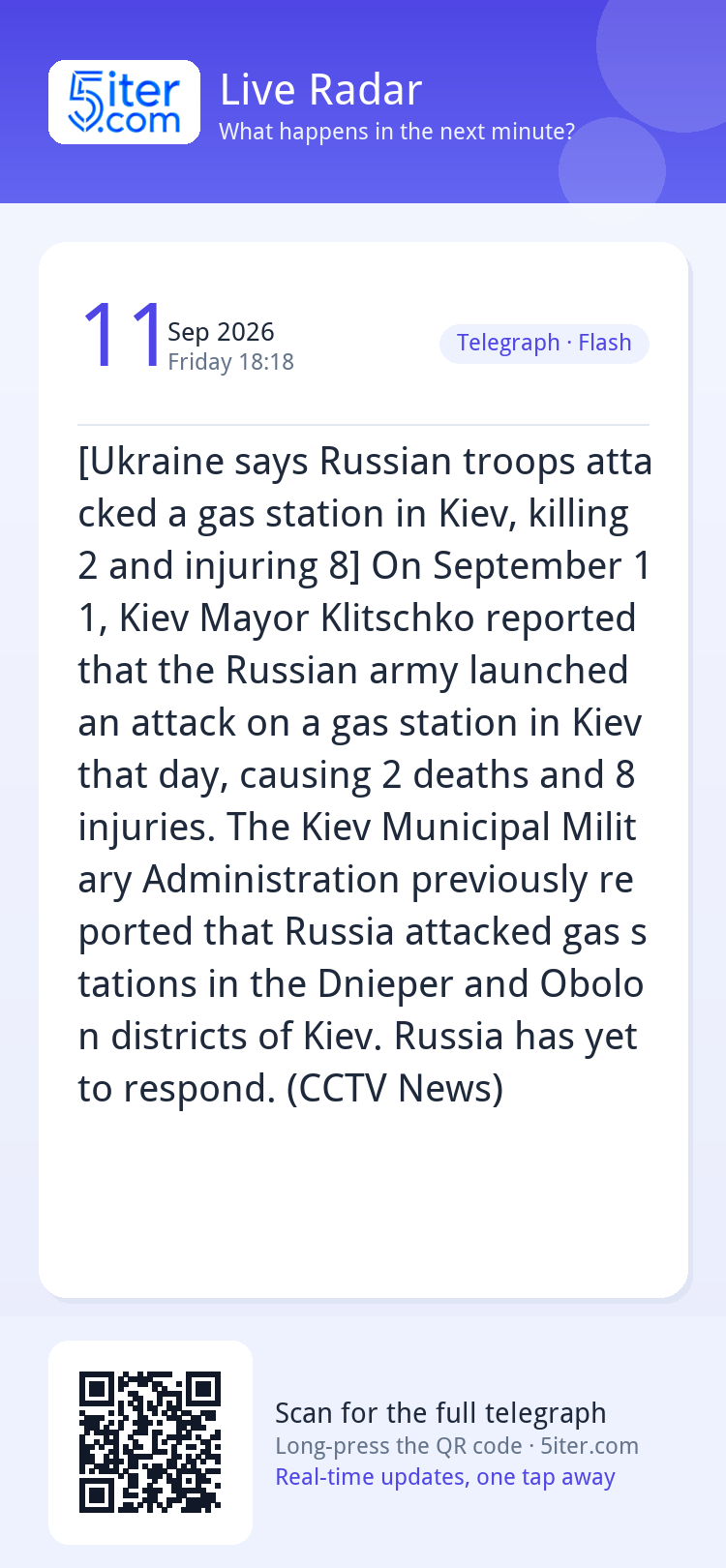 [Ukraine says Russian troops attacked a gas station in Kiev,