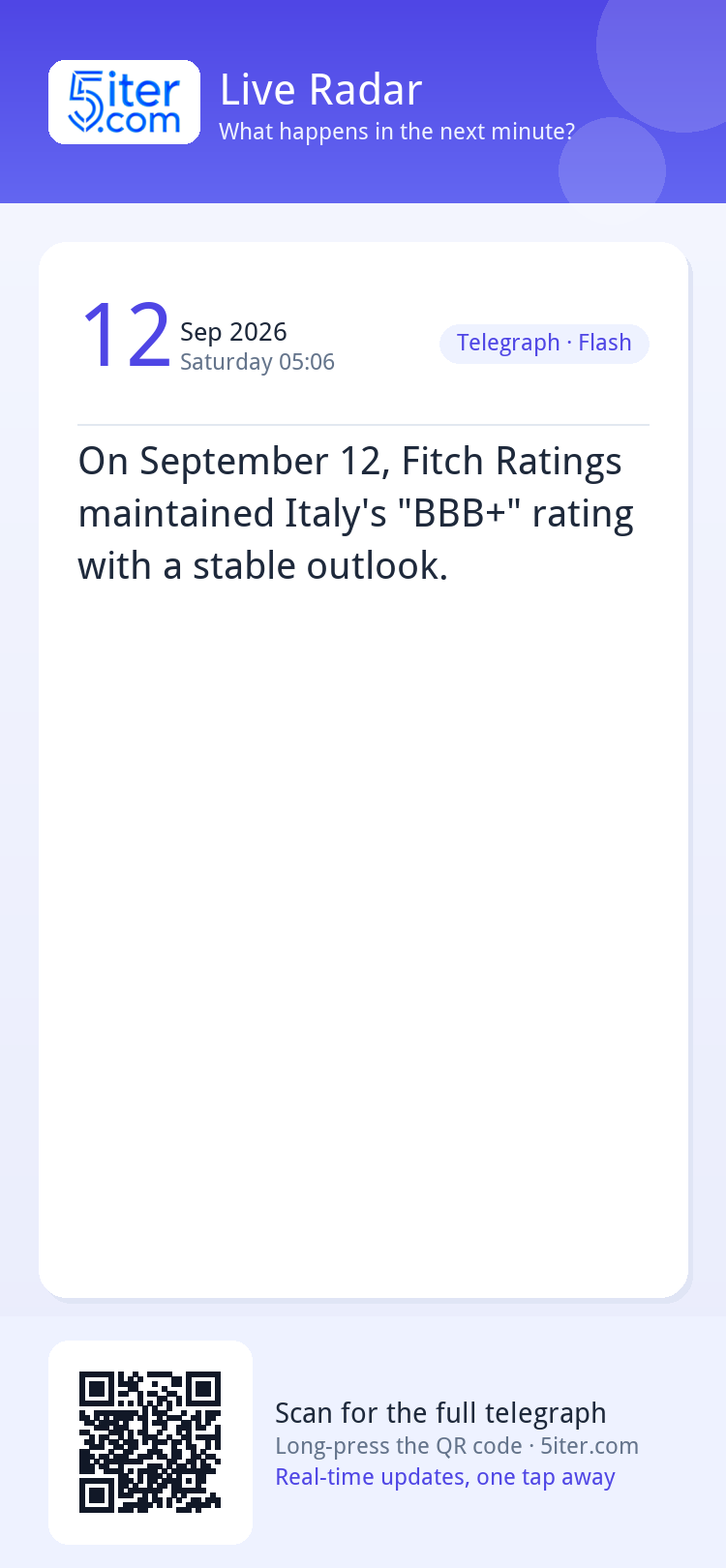 On September 12, Fitch Ratings maintained Italy's "BBB+" rat