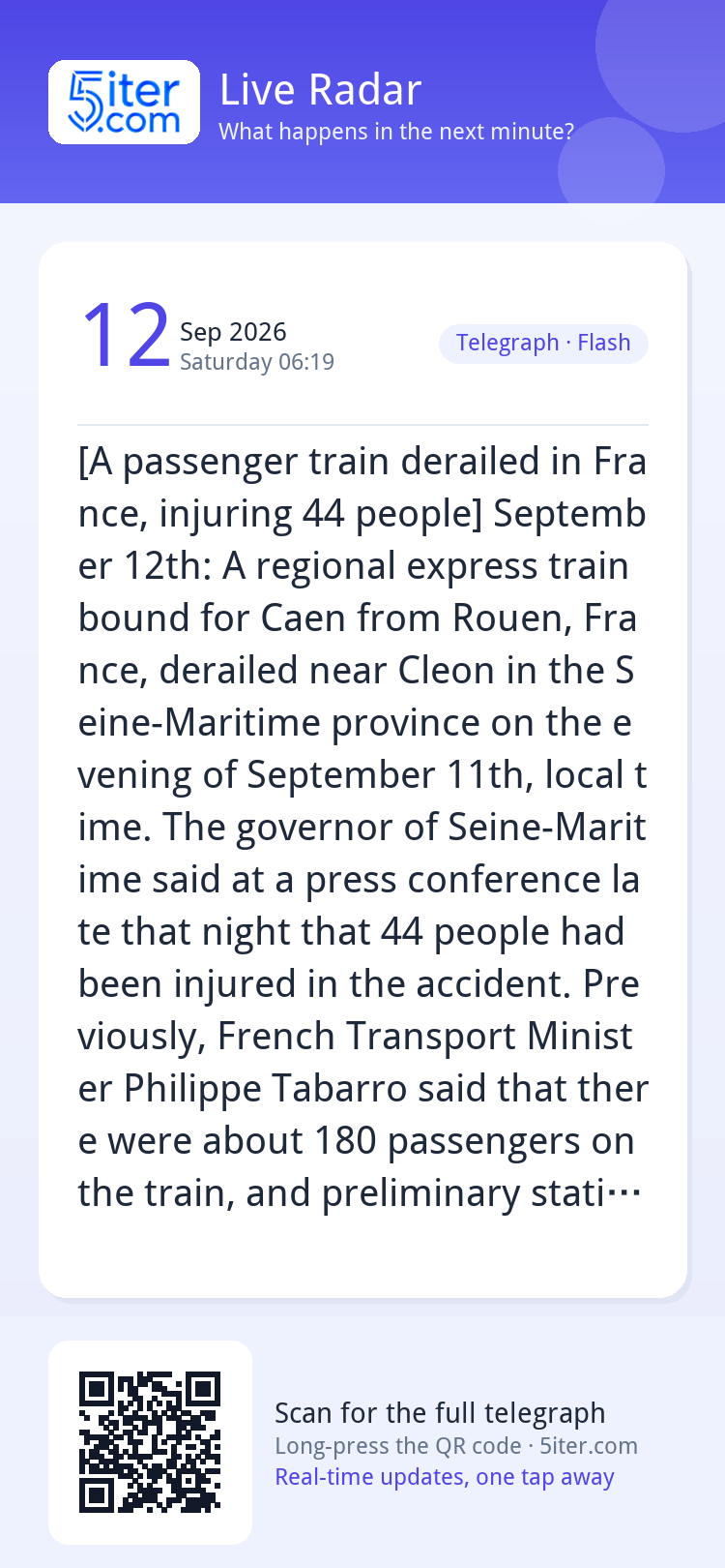 [A passenger train derailed in France, injuring 44 people] S